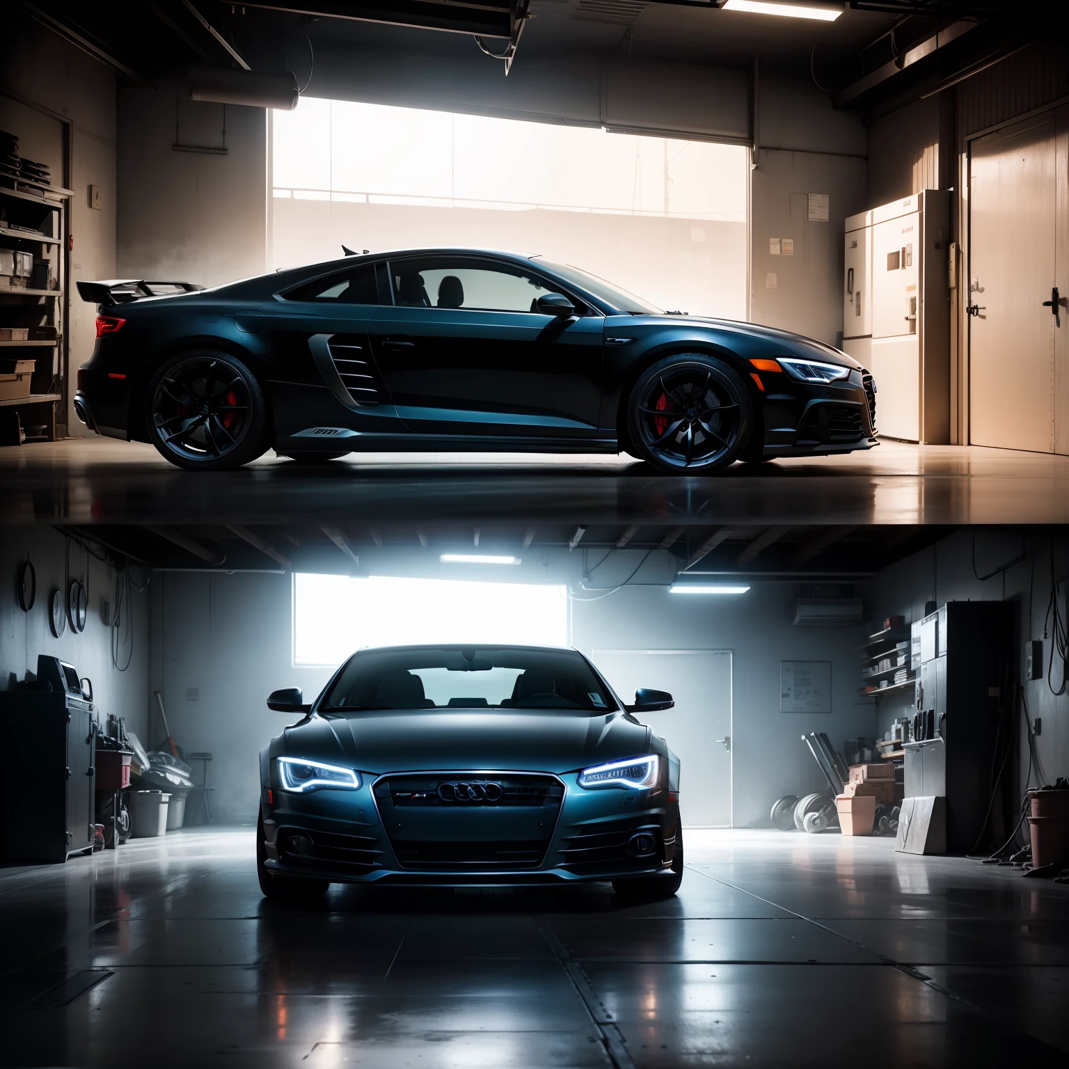 car garage，Black light scene，Audi cars in the repair shop，“wide shot，very wide angle shot，auto photography，Ultra photo realsisim，Hyper-realistic"，Oil，tires，wrench，car commercial photograph，ultra-realistic realism