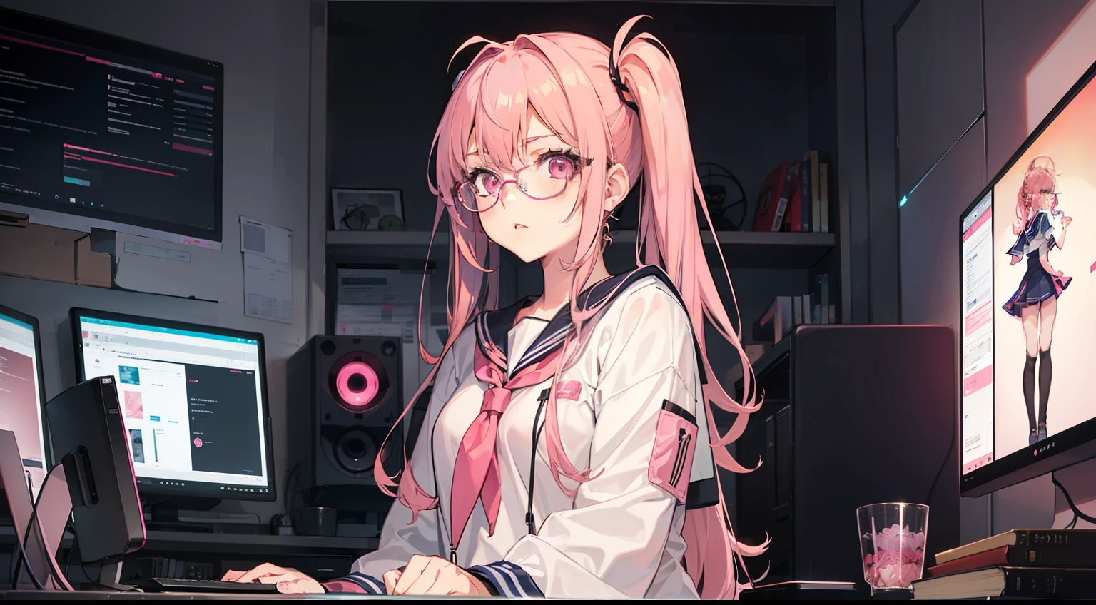1girl, pink hair, pink eyes, glasses, sailor suit, sitting, wariza, pink cyber punk, room with many monitors, pink fluorescent light