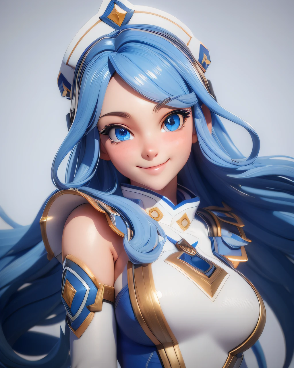 (masterpiece:1.5), (best quality:1.5), 3dmm,highres, highly detailed,3DG,1girl, big blue eyes, long blue hair, white headgear, smiling, looking at viewer, cute and girly\(idolmaster\), 3d rendering, octane rendering, subsurface scattering skin, soft and bright lighting, clear focus, clean background, perfect face, perfect eyes,