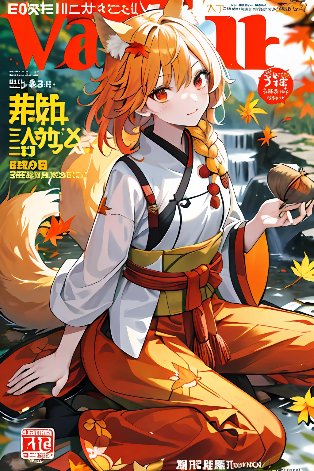 englai Fairyland,Chinese mythology,Colorful auspicious clouds,
autumn, autumn_leaves, falling_leaves, holding_leaf, leaf, leaf_background, leaf_hair_ornament, maple_leaf, aki_shizuha, leaf_print, starfish, anger_vein, ginkgo_leaf, leaf_on_head, spoken_anger_vein, tree, waterfall, sweet_potato, dragonfly, acorn, solo, braid, blurry_foreground, 1girl, day, painting, depth_of_field, blurry, long_hair, branch, hair_ornament, leaves_in_wind, forest, outdoors, nature, campfire, shirt, looking_at_viewer, onsen, koi, sitting, masterpiece, best quality, (best quality), ((masterpiece)), (highres), original, extremely detailed 8K wallpaper, (an extremely delicate and beautiful),((detailed face)),beautiful detail eyes,hair fluttering in the wind,messy hair,lens flare,
1girl,full body,(golden eye),(red eye),(wolf ear),(yellow hair),(wolf tail),(wolf ears),(a cute young girl:1.1),(wolf ear),beautiful detailed eyes,orange hair, very long hair,small breasts,(looking at viewer),
(magazine:1.3), (cover-style:1.3), fashionable, woman, vibrant, outfit, posing, front, colorful, dynamic, background, elements, confident, expression, holding, statement, accessory, majestic, coiled, around, touch, scene, text, cover, bold, attention-grabbing, title, stylish, font, catchy, headline, larger, striking, modern, trendy, focus, fashion,