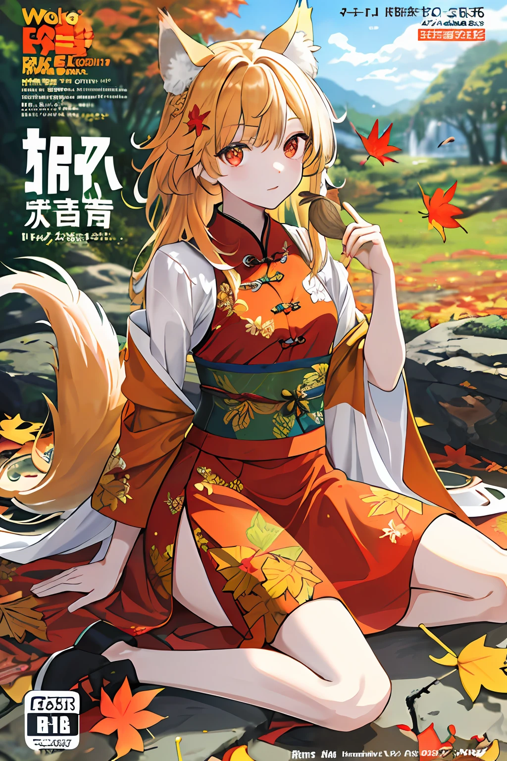 englai Fairyland,Chinese mythology,Colorful auspicious clouds,
autumn, autumn_leaves, falling_leaves, holding_leaf, leaf, leaf_background, leaf_hair_ornament, maple_leaf, aki_shizuha, leaf_print, starfish, anger_vein, ginkgo_leaf, leaf_on_head, spoken_anger_vein, tree, waterfall, sweet_potato, dragonfly, acorn, solo, braid, blurry_foreground, 1girl, day, painting, depth_of_field, blurry, long_hair, branch, hair_ornament, leaves_in_wind, forest, outdoors, nature, campfire, shirt, looking_at_viewer, onsen, koi, sitting, masterpiece, best quality, (best quality), ((masterpiece)), (highres), original, extremely detailed 8K wallpaper, (an extremely delicate and beautiful),((detailed face)),beautiful detail eyes,hair fluttering in the wind,messy hair,lens flare,
1girl,full body,(golden eye),(red eye),(wolf ear),(yellow hair),(wolf tail),(wolf ears),(a cute young girl:1.1),(wolf ear),beautiful detailed eyes,orange hair, very long hair,small breasts,(looking at viewer),
(magazine:1.3), (cover-style:1.3), fashionable, woman, vibrant, outfit, posing, front, colorful, dynamic, background, elements, confident, expression, holding, statement, accessory, majestic, coiled, around, touch, scene, text, cover, bold, attention-grabbing, title, stylish, font, catchy, headline, larger, striking, modern, trendy, focus, fashion,