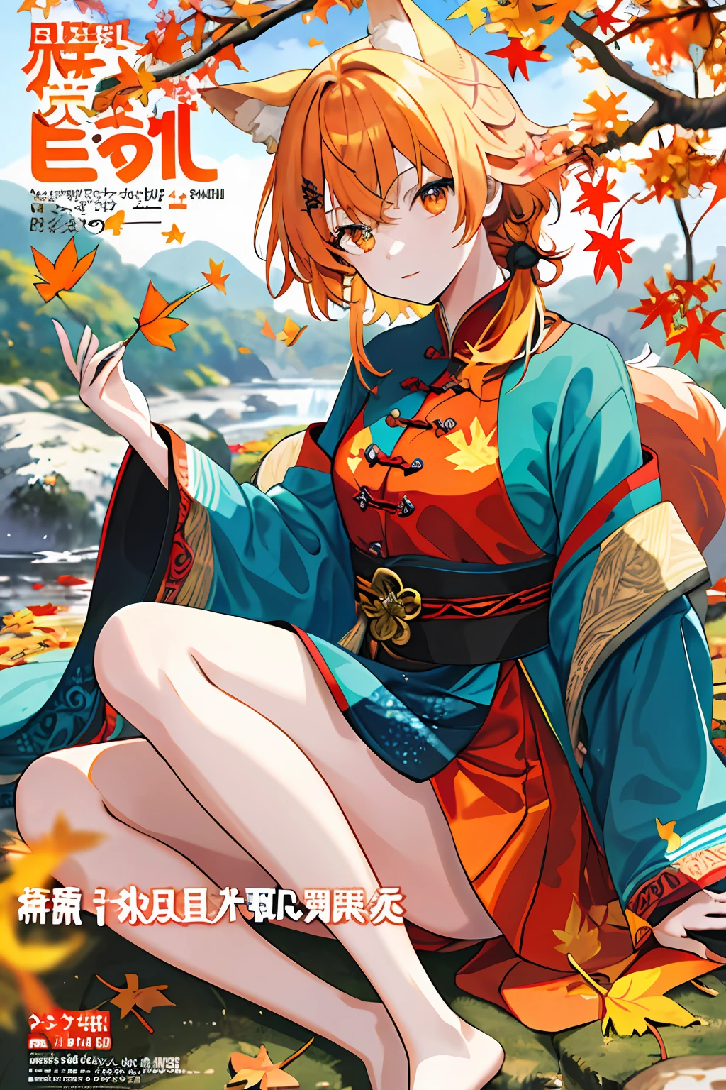 englai Fairyland,Chinese mythology,Colorful auspicious clouds,
autumn, autumn_leaves, falling_leaves, holding_leaf, leaf, leaf_background, leaf_hair_ornament, maple_leaf, aki_shizuha, leaf_print, starfish, anger_vein, ginkgo_leaf, leaf_on_head, spoken_anger_vein, tree, waterfall, sweet_potato, dragonfly, acorn, solo, braid, blurry_foreground, 1girl, day, painting, depth_of_field, blurry, long_hair, branch, hair_ornament, leaves_in_wind, forest, outdoors, nature, campfire, shirt, looking_at_viewer, onsen, koi, sitting, masterpiece, best quality, (best quality), ((masterpiece)), (highres), original, extremely detailed 8K wallpaper, (an extremely delicate and beautiful),((detailed face)),beautiful detail eyes,hair fluttering in the wind,messy hair,lens flare,
1girl,full body,(golden eye),(red eye),(wolf ear),(yellow hair),(wolf tail),(wolf ears),(a cute young girl:1.1),(wolf ear),beautiful detailed eyes,orange hair, very long hair,small breasts,(looking at viewer),
(magazine:1.3), (cover-style:1.3), fashionable, woman, vibrant, outfit, posing, front, colorful, dynamic, background, elements, confident, expression, holding, statement, accessory, majestic, coiled, around, touch, scene, text, cover, bold, attention-grabbing, title, stylish, font, catchy, headline, larger, striking, modern, trendy, focus, fashion,