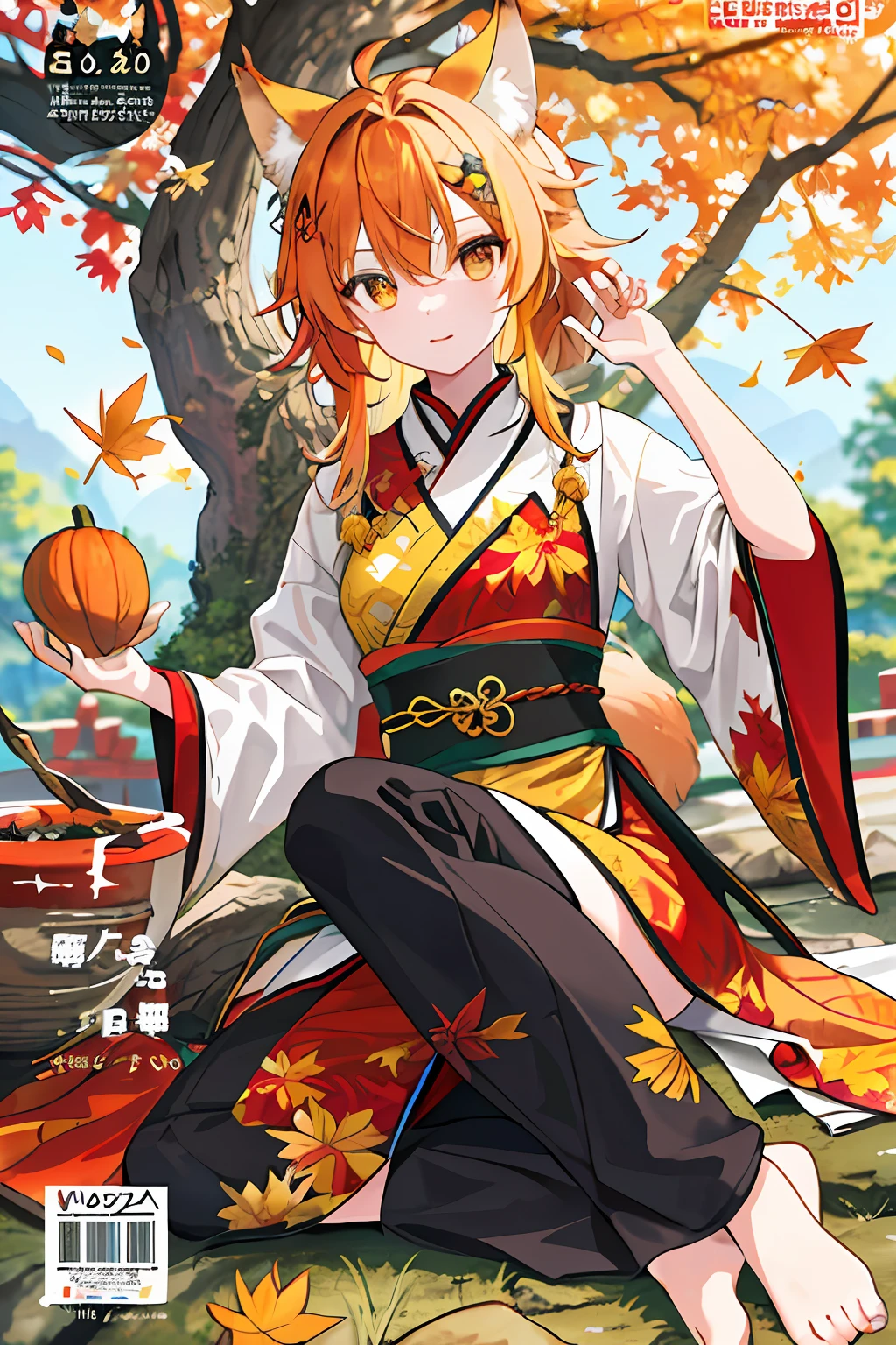 englai Fairyland,Chinese mythology,Colorful auspicious clouds,
autumn, autumn_leaves, falling_leaves, holding_leaf, leaf, leaf_background, leaf_hair_ornament, maple_leaf, aki_shizuha, leaf_print, starfish, anger_vein, ginkgo_leaf, leaf_on_head, spoken_anger_vein, tree, waterfall, sweet_potato, dragonfly, acorn, solo, braid, blurry_foreground, 1girl, day, painting, depth_of_field, blurry, long_hair, branch, hair_ornament, leaves_in_wind, forest, outdoors, nature, campfire, shirt, looking_at_viewer, onsen, koi, sitting, masterpiece, best quality, (best quality), ((masterpiece)), (highres), original, extremely detailed 8K wallpaper, (an extremely delicate and beautiful),((detailed face)),beautiful detail eyes,hair fluttering in the wind,messy hair,lens flare,
1girl,full body,(golden eye),(red eye),(wolf ear),(yellow hair),(wolf tail),(wolf ears),(a cute young girl:1.1),(wolf ear),beautiful detailed eyes,orange hair, very long hair,small breasts,(looking at viewer),
(magazine:1.3), (cover-style:1.3), fashionable, woman, vibrant, outfit, posing, front, colorful, dynamic, background, elements, confident, expression, holding, statement, accessory, majestic, coiled, around, touch, scene, text, cover, bold, attention-grabbing, title, stylish, font, catchy, headline, larger, striking, modern, trendy, focus, fashion,