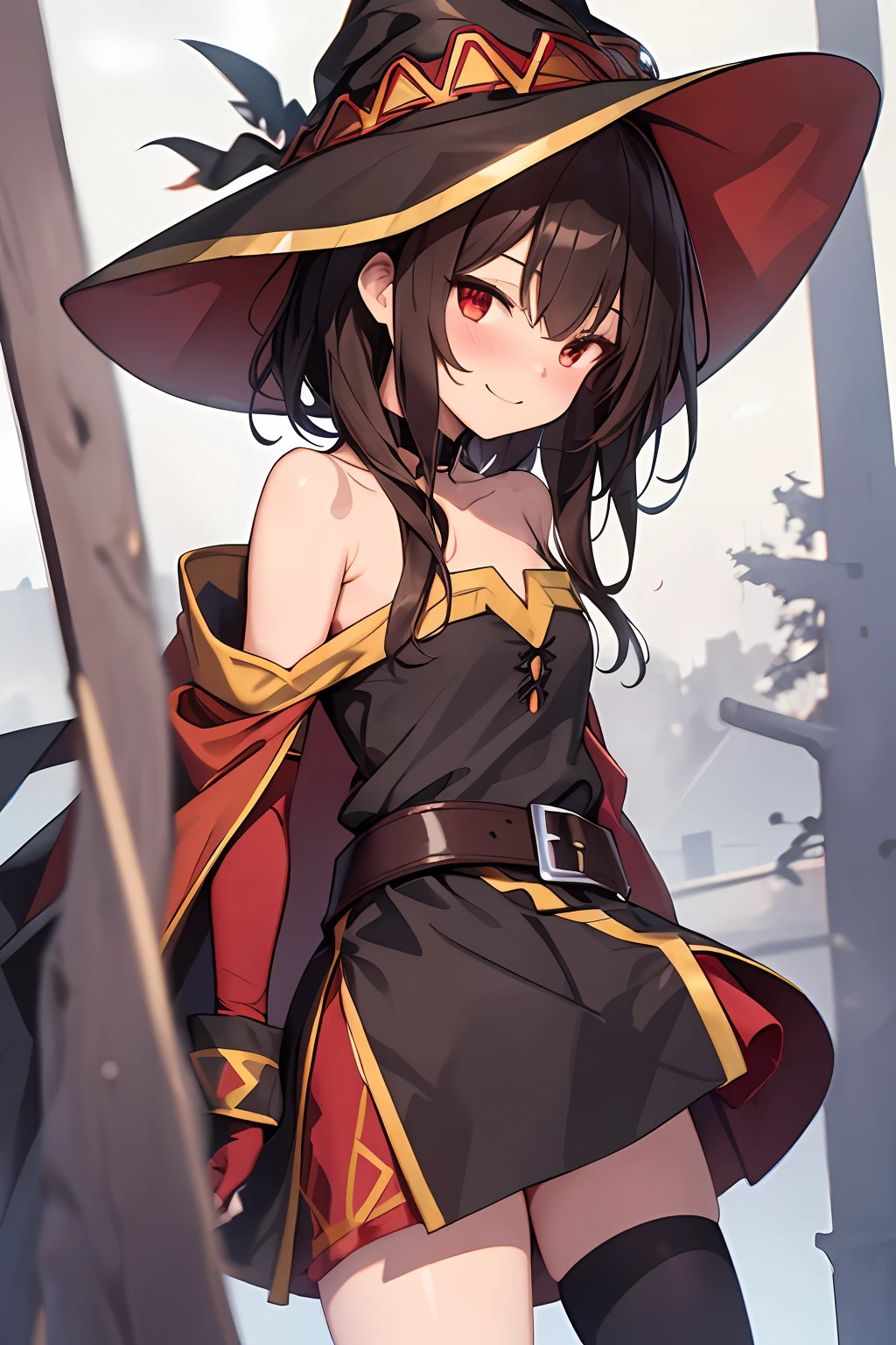 Megumin, Crazy Wizard, 1 Girl, Solo, Witch Hat, Brown Hair, Long Short Hair, Red Eyes, Blush, Evil Smile, Black Choker, Clavicle, Flat Chest, Off-Shoulder Dress, Red Dress, Brown Cloak, Long Sleeves, Black Gloves, Fingerless Gloves, Brown Belt, Gold Trim, (Asymmetrical legs: 1.4), unmatched legwear, (bandaged legs: 1.3), black thighs, (arms behind the back: 1.3), simple background, high quality, high resolution. ((outdoors)), presenting armpit, nipples