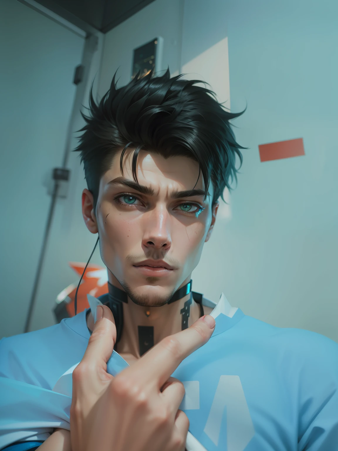 "Cyberpunk-style male with a hyper-realistic aesthetic holding a cat."