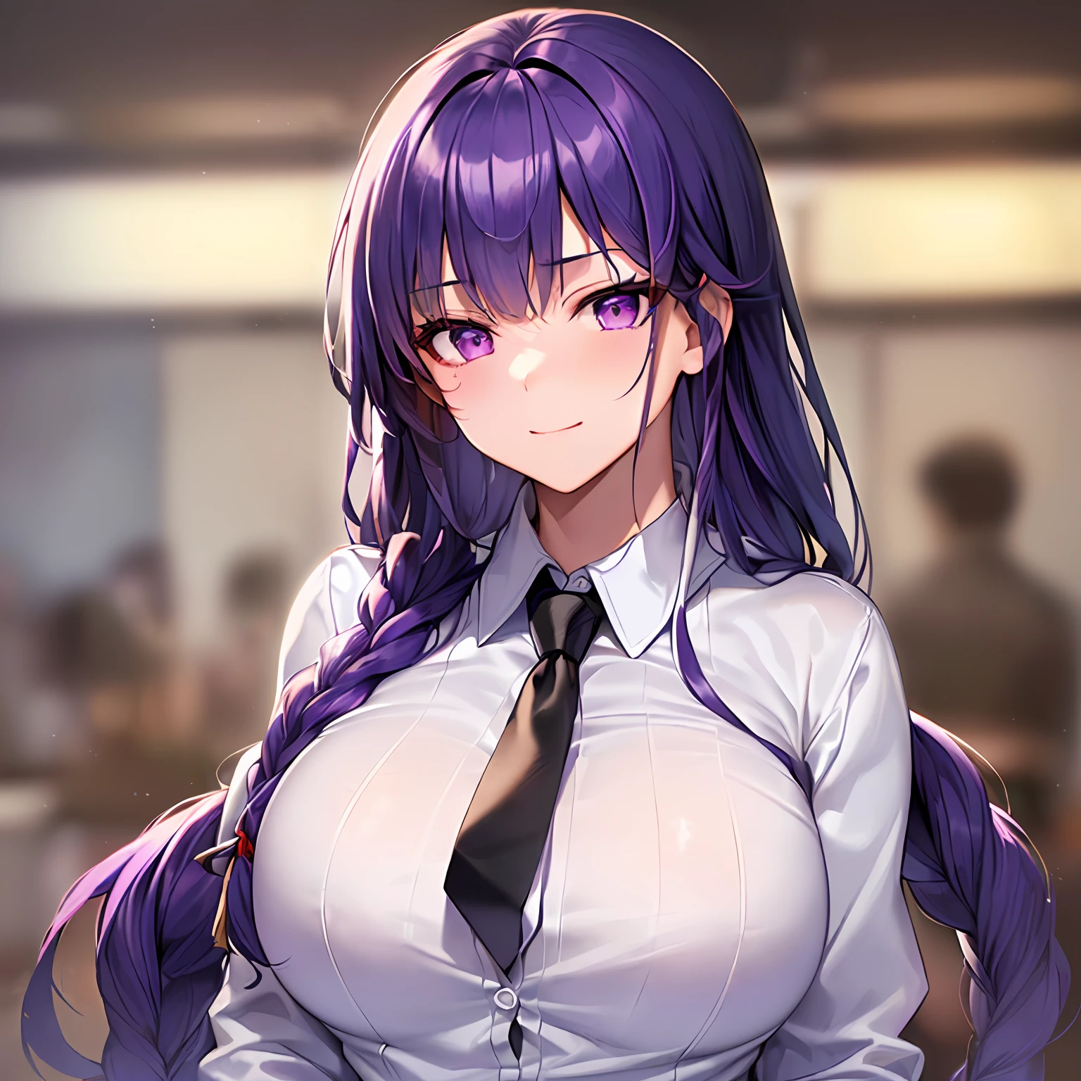 ((masterpiece)), (best quality), beautiful, extremely detailed face, perfect lighting,ultra-detailed,((expressionless)),((cold attitude)),((tsurime)),((tareme)),breasts,((Mature female)),((gym raiden shogun, long hair, smile, bangs, (big breasts:1.2), (purple eyes:1.2), braid, purple hair, braided ponytail, ringed eyes,
shirt, long sleeves, white shirt, necktie, collared shirt, pants, black pants, formal, suit, black necktie, shirt tucked in, office lady,
Perfect female body,(slim waist),abdominal muscles,linea alba,
1girl, (multiple penises:1.0), (surrounded:1.0), (too_many:1.0), (multiple boys:1.0), face, close-up, on face,,