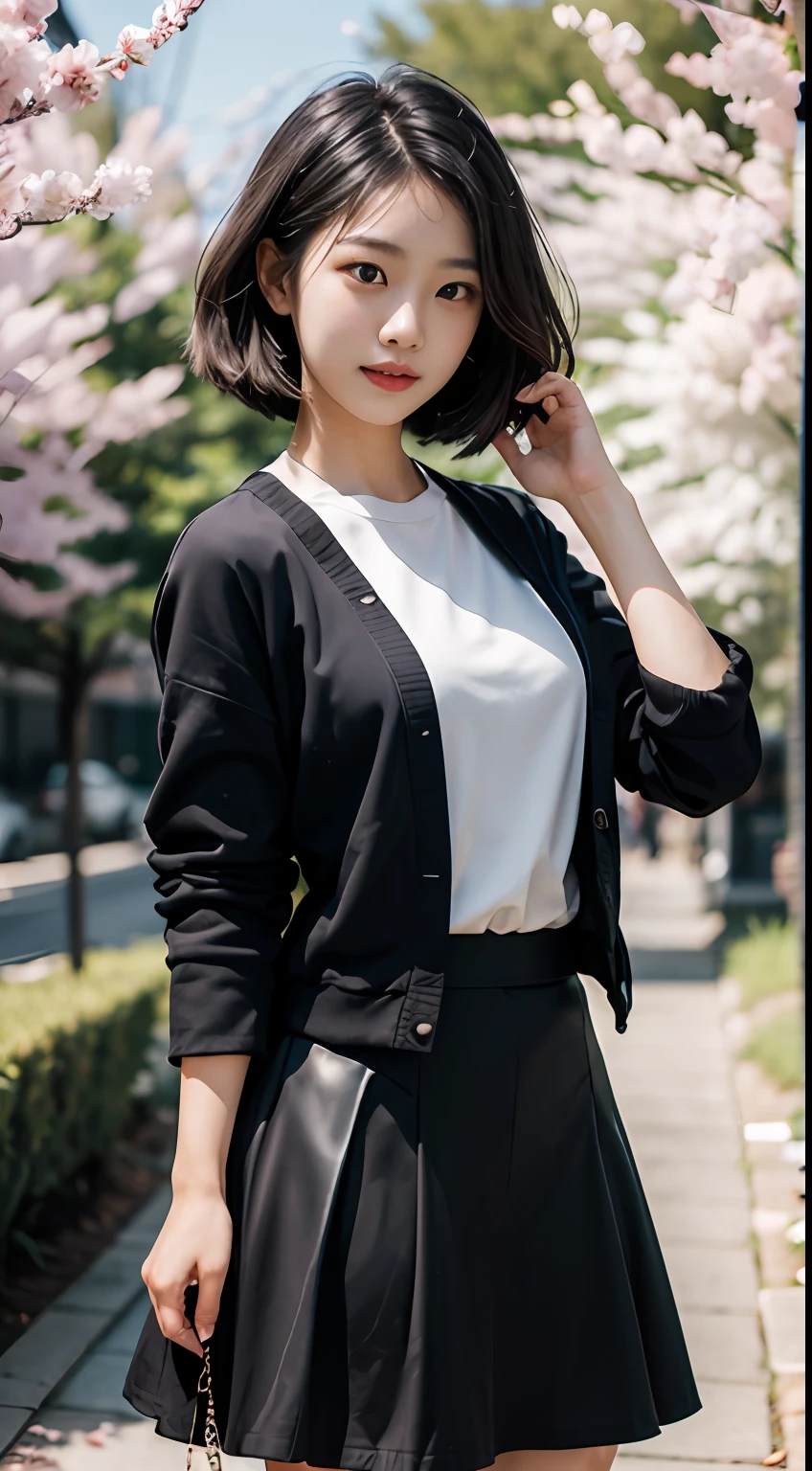 tmasterpiece、top-quality、真实感,Three-dimensional feeling,physically-based renderingt,A high resolution,A female high school student,Medium height,with a good figure,Short black shoulder-length hair、Student clothing jacket、a black skirt,White robe,stocklings,longer sleeves,Not exposed,ssmile,Toothy,slightly red face,trpical garden,Scenic beauty,Under the flower tree,dynamicposes,standing on your feet,Well laid out,with whole body visible,Front Shooting,SLR shooting