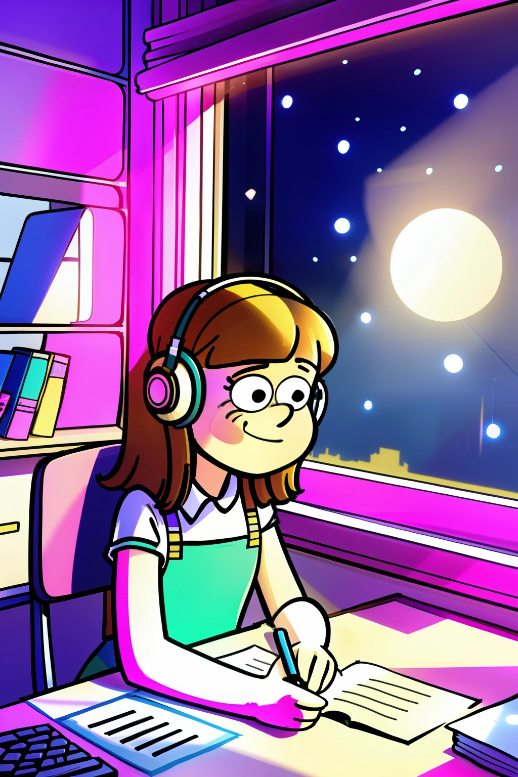 A girl with headphones sitting at a desk with moonlight shining through the window detailed illustration