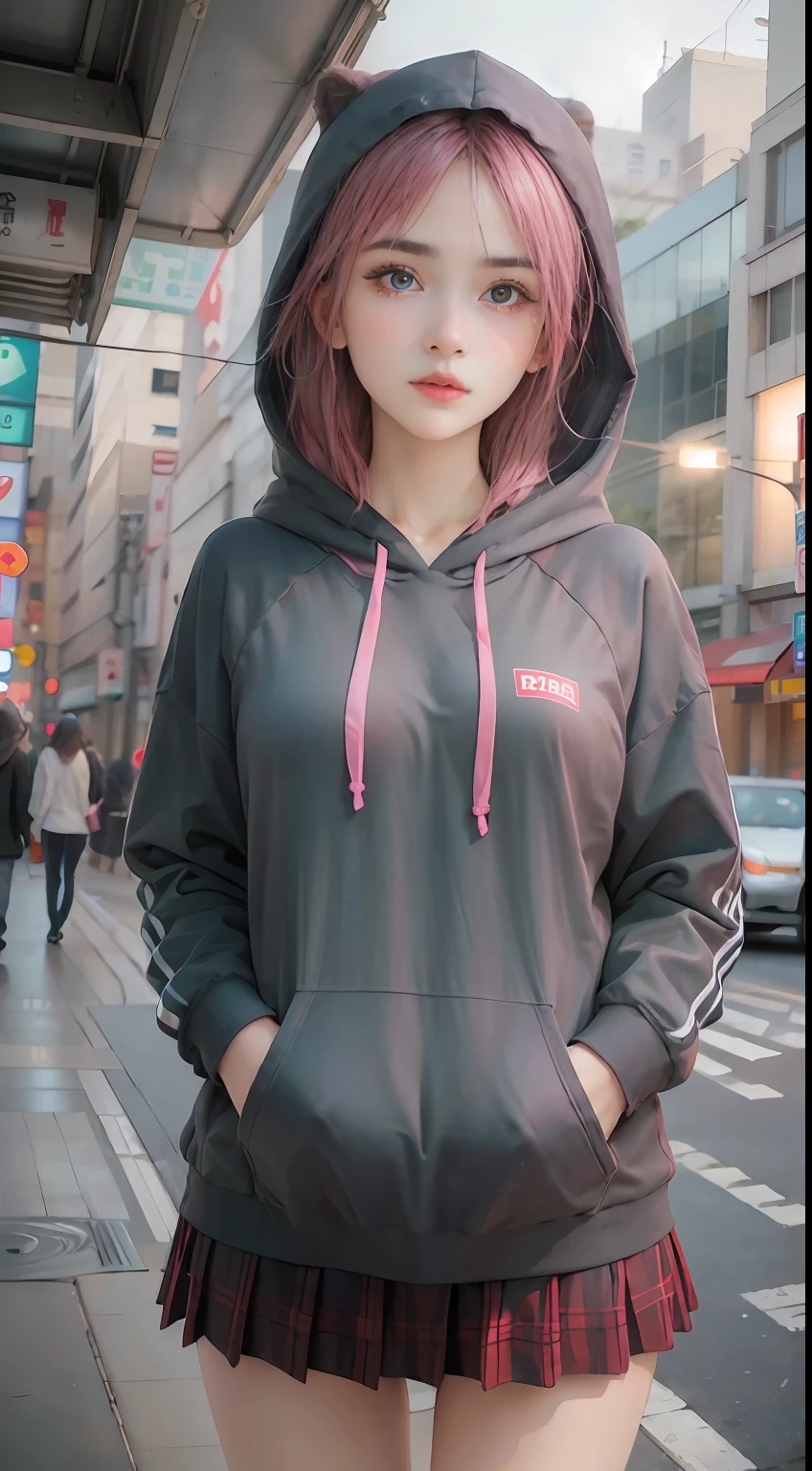 very low angle, full bodyesbian (8K, RAW photo, Highest quality, Masterpiece), High Detail RAW Color Photo Professional Close Photo, (Realism, Photo realism:1.4), (Highest quality), (Best shadow), (Best Illustration),Surreal face, Blue eyes, Girl with long neon green hair, Wear a short hoodie hood, Check plaid skirt, Tight high socks, Tokyo at night, neonlight, Neon pink, neon blue, Neon lime green,