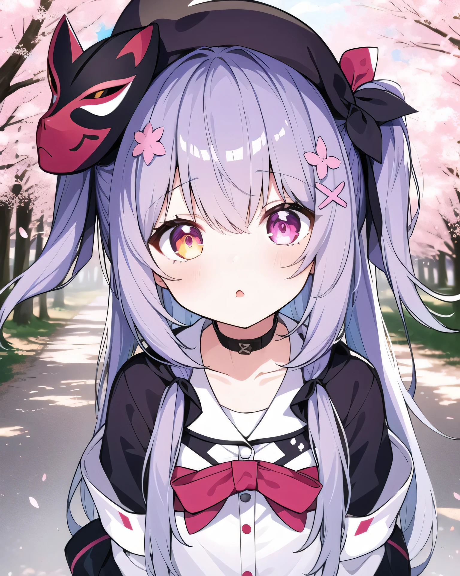 1girl,Rainbow colored long hair,one side up,Heterochromatic pupil,Smaller body, loli,Masks, the grand cherry blossom forest