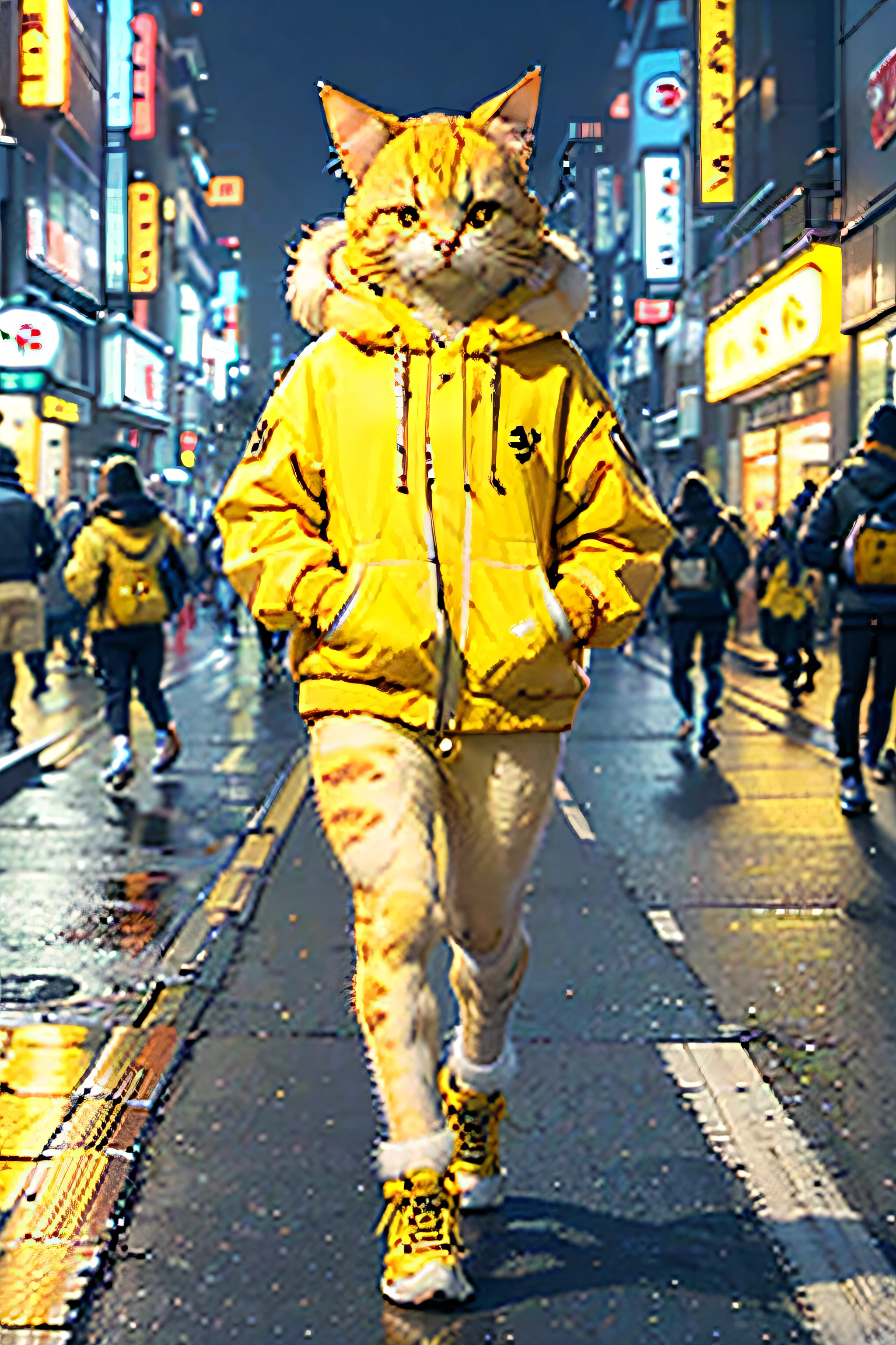 (C4ttitude), (Yellow and white fur), Attentive eyes ,fur, challenger, agile, engaging, Stylish sportswear,nylon, Fast paws,walking on street, (tokyo night street background 2021)