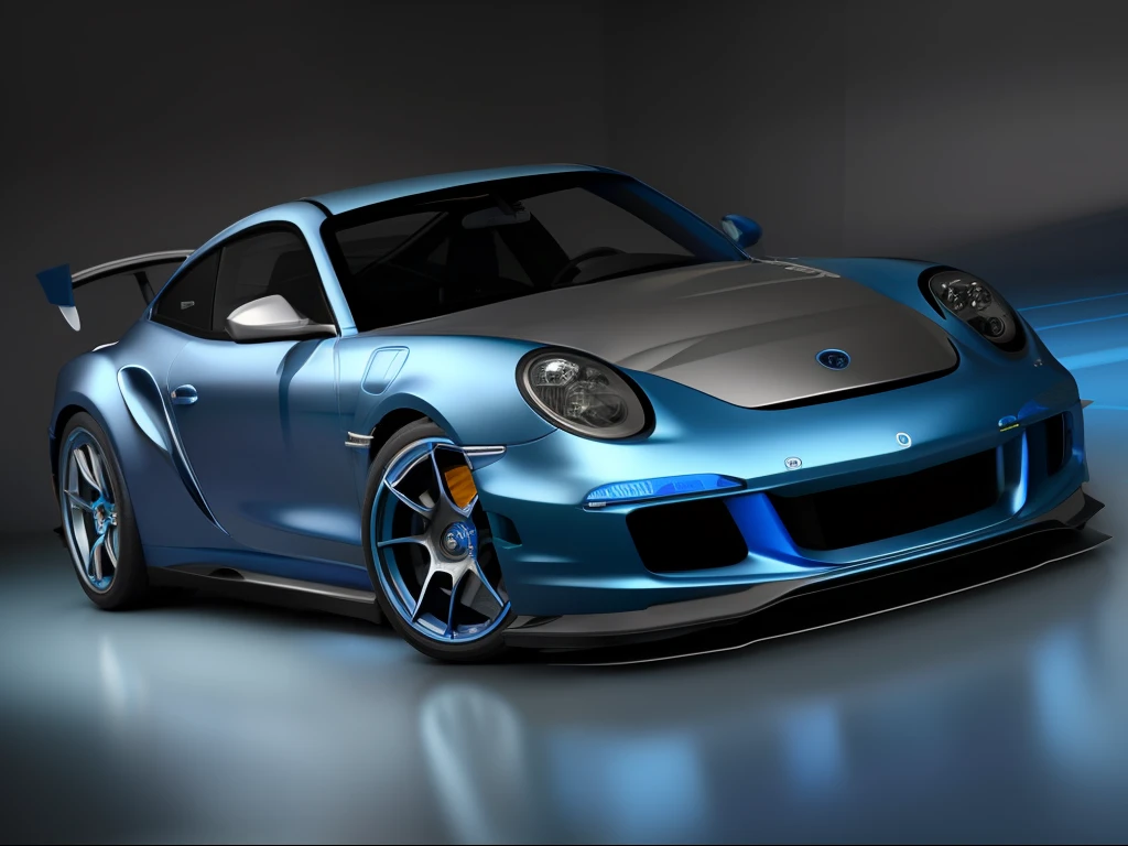 3d imagem realista de um carro porsh azul escuro metalico , rodas pretas brilhentas , dark grey carbon hood , fundo da imagem de uma pista de corridas, imagem ultra hd