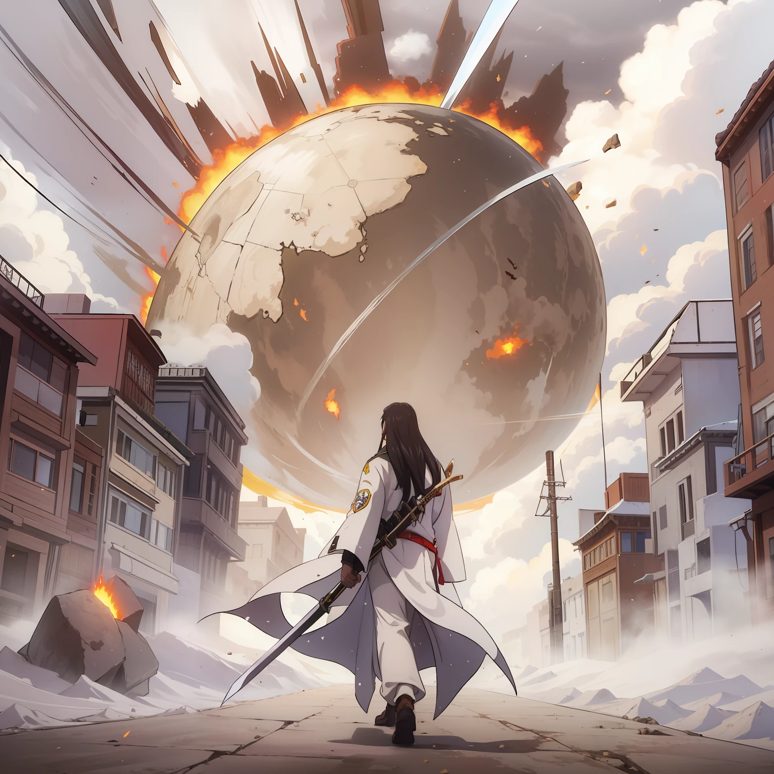 The sky and the earth are gray，Nuclear explosion，Little by little, The city is in tatters，Long haired man in white，holding a longsword，pointing straight ahead