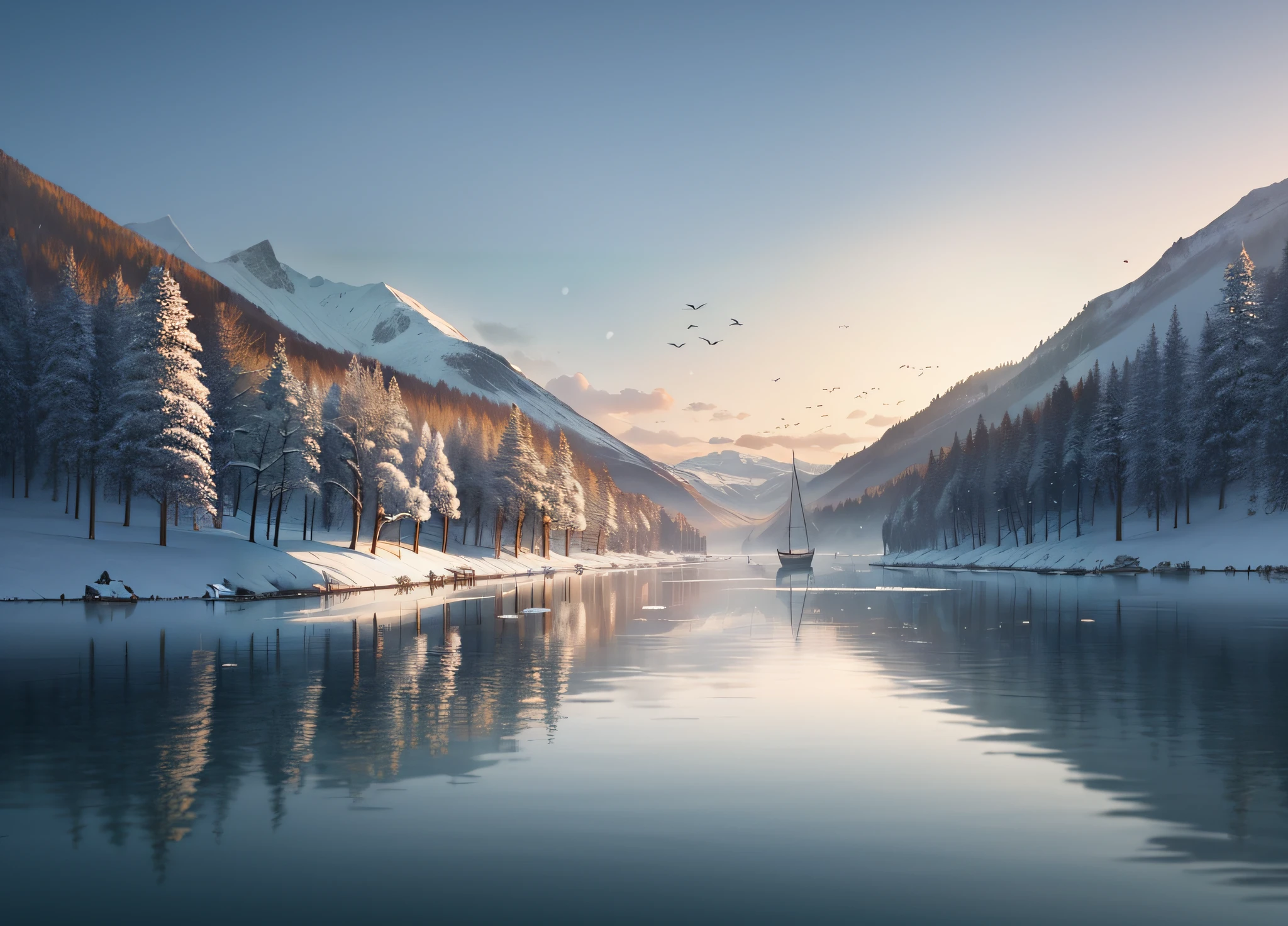 Snow-capped mountain landscape,There are boats in the middle of the lake,Raphael Lacoste inspiration,Beautiful art 4K HD digital painting,Martin Raphael Lacoste style, 8K realistic digital art, Digital art widescreen, Realistic 4K digital art, Martin DeChambeau style