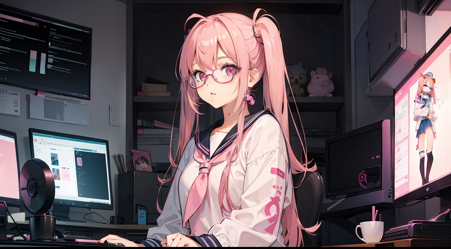 1girl in, Pink hair, Pink eyes, Glasses, Sailor Suit, Sitting, wariza, Pink Cyberpunk, Room with many monitors, Pink fluorescent lamp