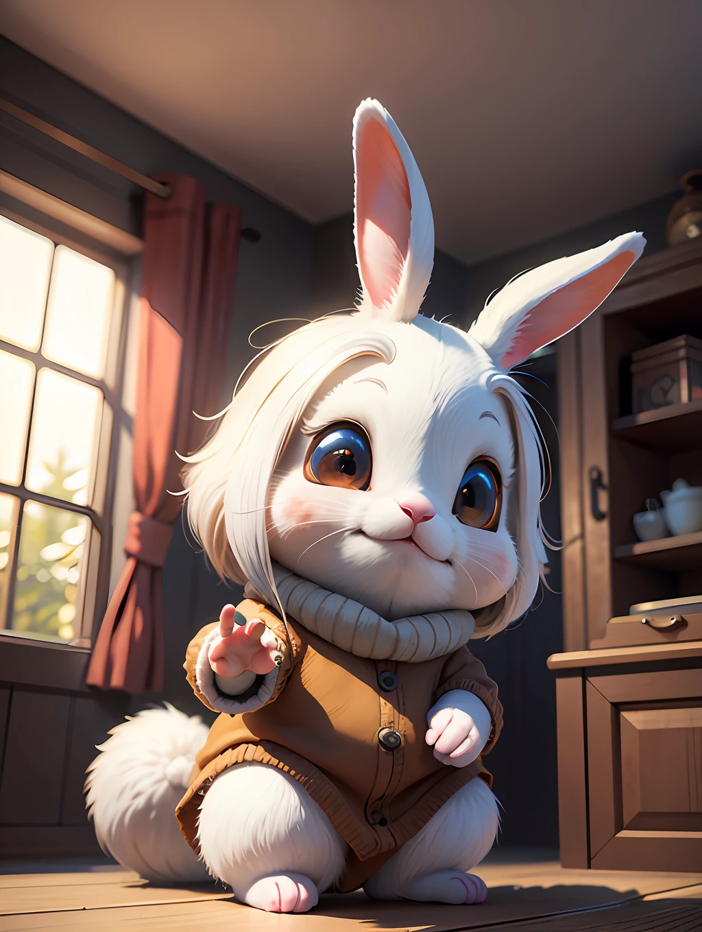 Cute adorable little bunny waving and smiling greeting me, unreal engine, cozy interior lighting, art station, detailed digital painting, cinematic, character design by mark ryden and pixar and hayao miyazaki, unreal 5, daz, hyper realistic, octane render, 3DMDT1