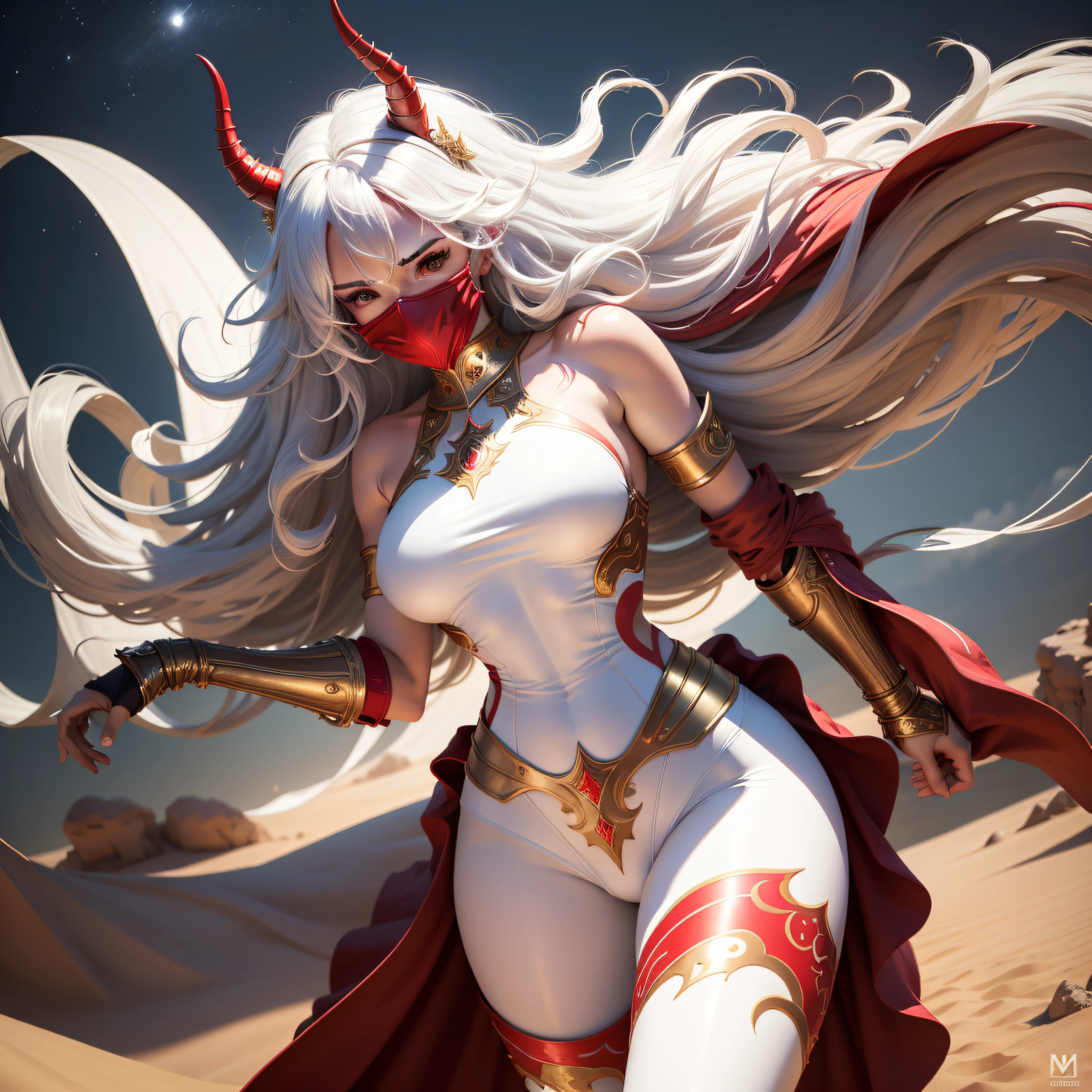 highest quality,tmasterpiece,Works of masters,hyper-high detail,GameCG,8K Ultra Clear,A desert,themoon,A woman,He wears a huge red horn mask that curves forward,Cover the face completely,White messy hair,Combat posture,fully body photo,Red intricate design armor,Gold leggings,The wind blows the skirt,Cinematic lighting