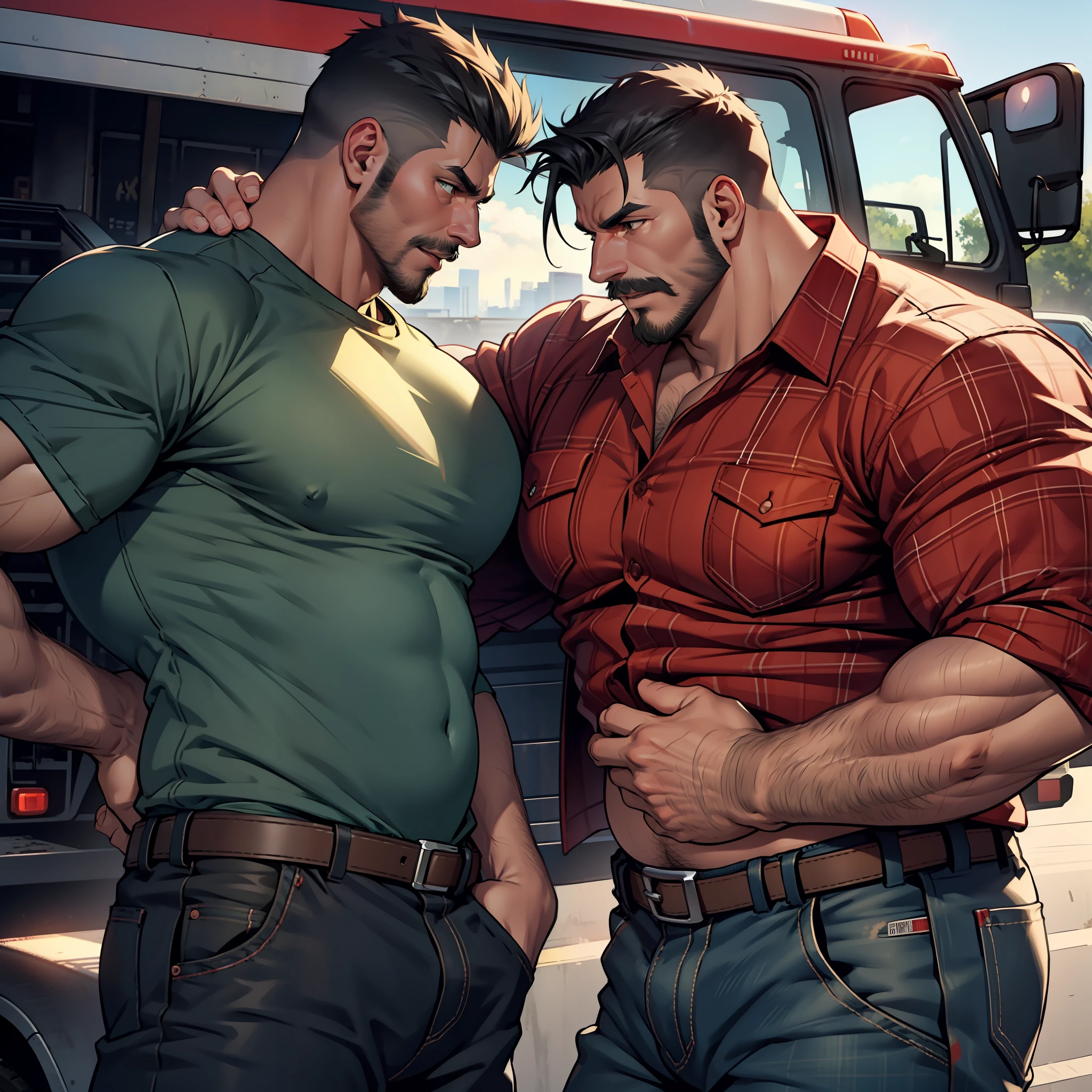 Handsome 60-year-old truck drivers, muscular bodies, stocky truck driver on the left, wearing a messy mustache and wavy hair, white stubble and truck driver, jeans, in the middle, wearing an open red plaid shirt, very muscular body and big, strong, stout belly wearing green shorts, hair cut on the sides and spiked on top, truck driver on the right has a muscular body and a very large body chest; hairy stomach black pants open on the background, a huge red and black road truck