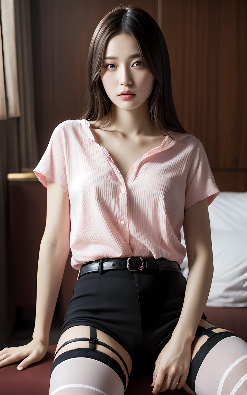 Highly detailed CG Unity 8k wallpaper, top quality, super detailed, masterpiece, realistic, photorealistic, highly detailed cute girl, 25 years old,  (black garter belt),  blush,  parted lips, round eyes, medium breasts, viewer, full body shot , hotel , 　sitting , casual shirt,