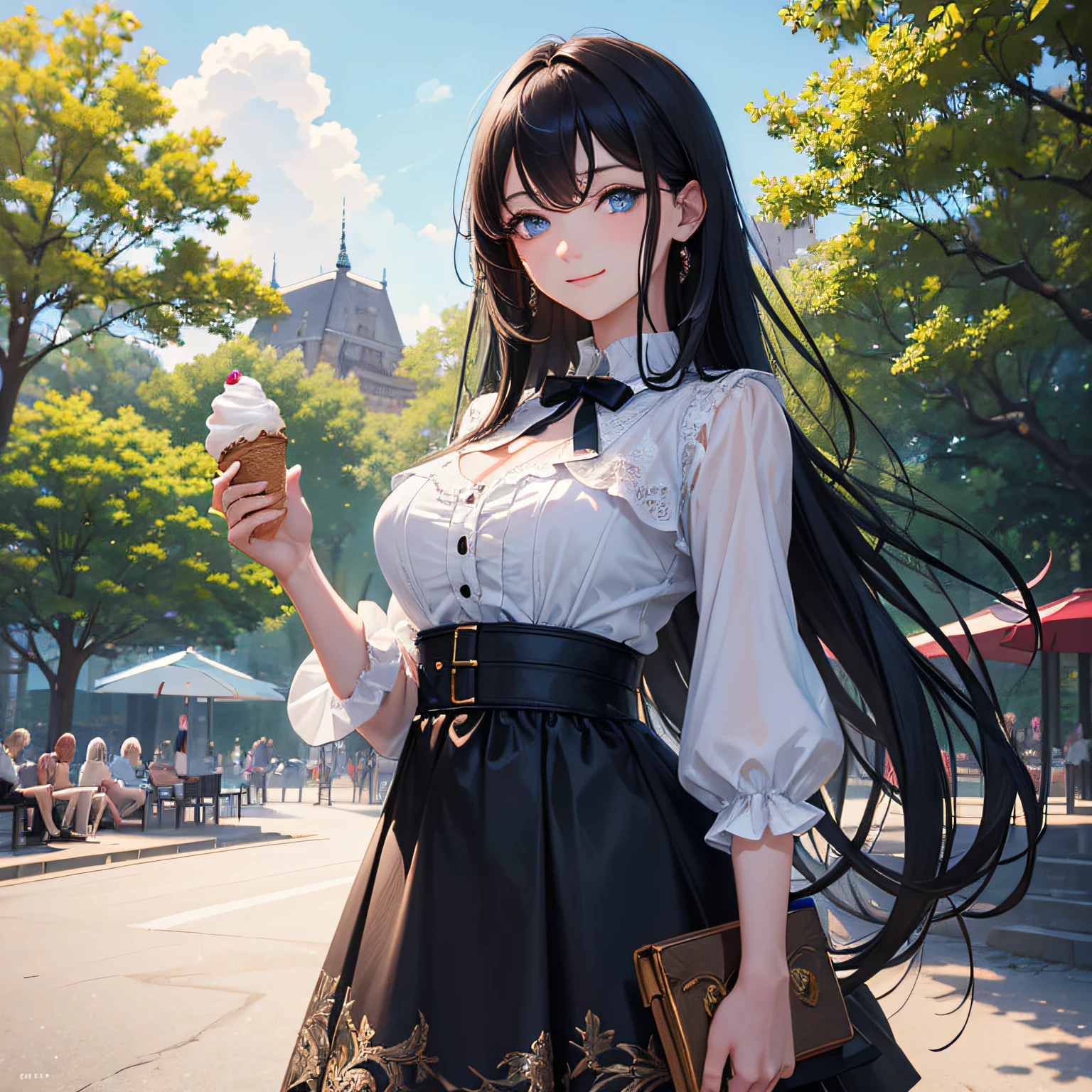 masterpiece, highest quality, ultra detailed, high resolution, (anime style), beautiful detailed 1 girl, woman, smile, black long hair, blue eyes, (while holding in her hand to soft ice cream), about to eat, in the park, noon, cowboy shot, best light, mysterious, perfect face, highly detailed, --auto