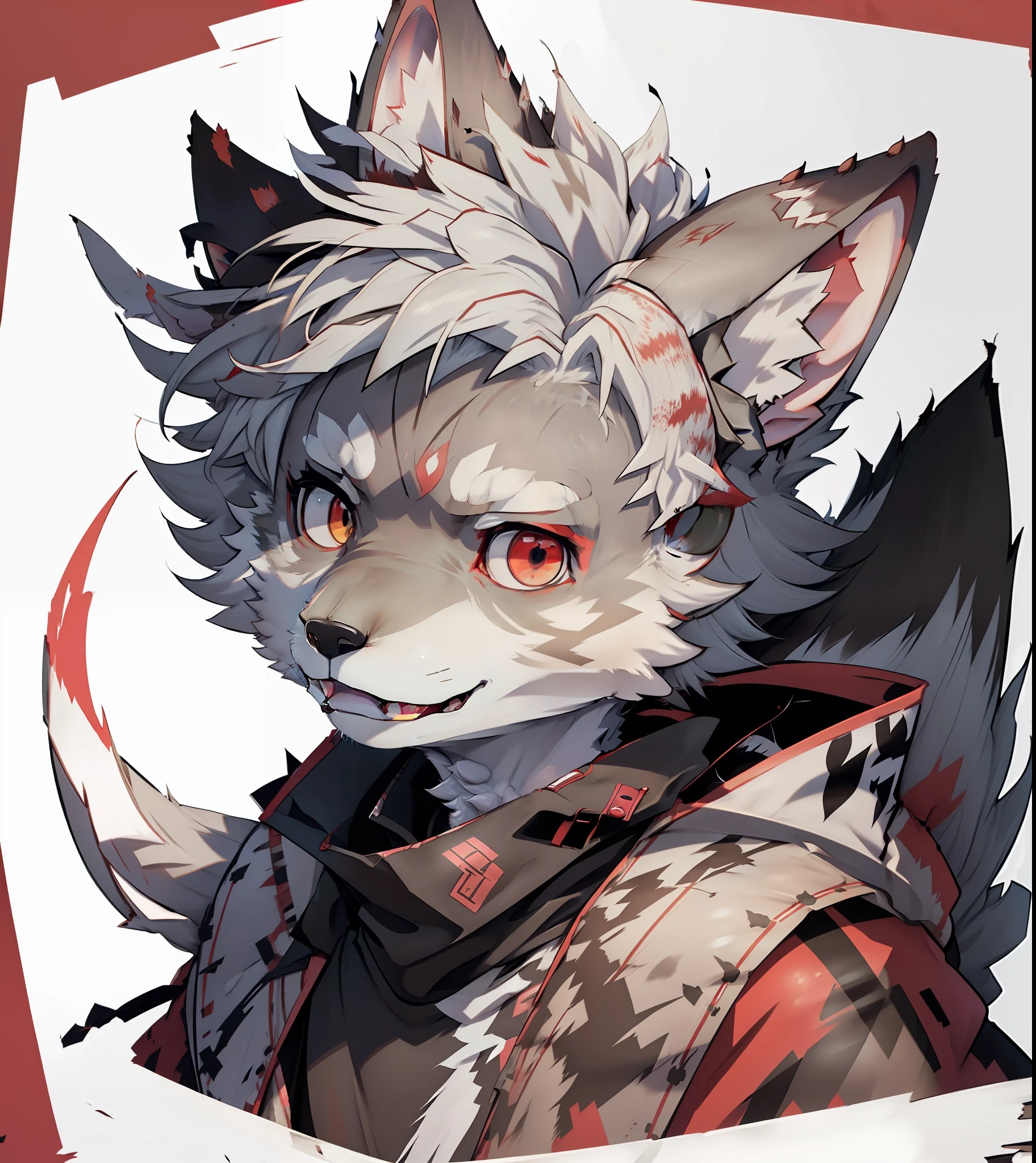Wolf face,red color eyes,Clock patterns can be mapped in the eye,Counter background,The picture is neat,White hair all over,There is a little red dye on the hair,shoun,male people,gentleness,Wolf ears,White ears,laughingly,Sharp teeth,Sharp teeth,adolable,Dark blue top,Facial features of wolves,Wolf paws,Furry,Covered in furry,shaggy,Furry,short detailed hair,Cute teenager,coyote,orthofacial