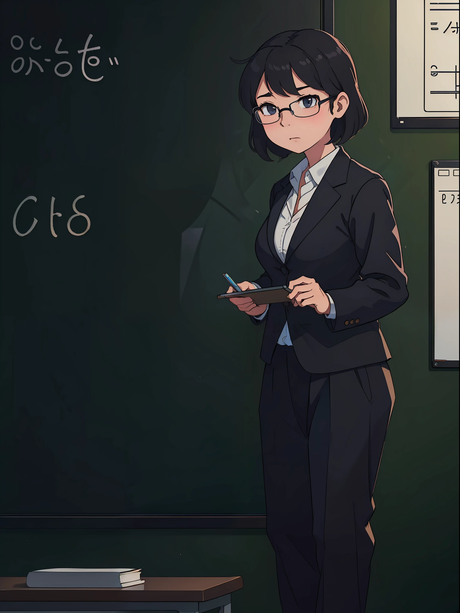Asian man writing on chalkboard with chalk, Big breasts teacher, as a strict school teacher ), Teacher, blackboard in background, intense knowledge, blackboards, Math, author:Yi Zaiwan, mathematics unifying science, balancing the equation,Faraway view