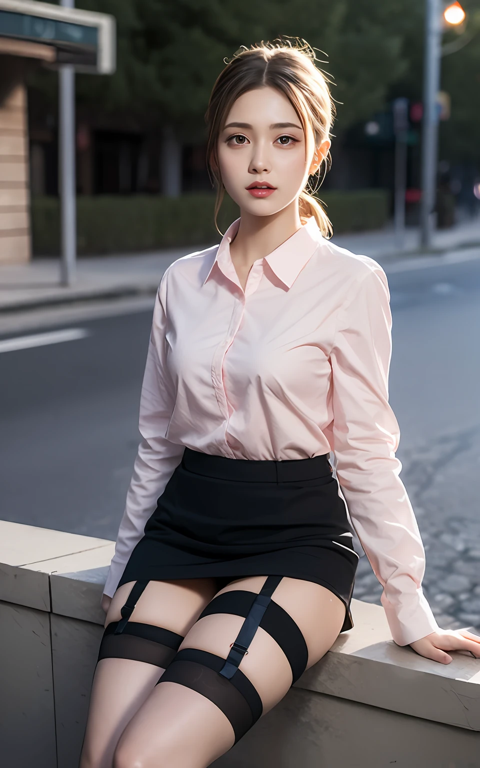Highly detailed CG Unity 8k wallpaper, of the highest quality, super detailed, masutepiece, Realistic, Photorealistic, extremely detailed cute girl, 25 years old, (Black garter belt), blush, Parted lips, Round eyes, medium breasts, viewer, Half body shot , Street , Sitting , Casual shirt,