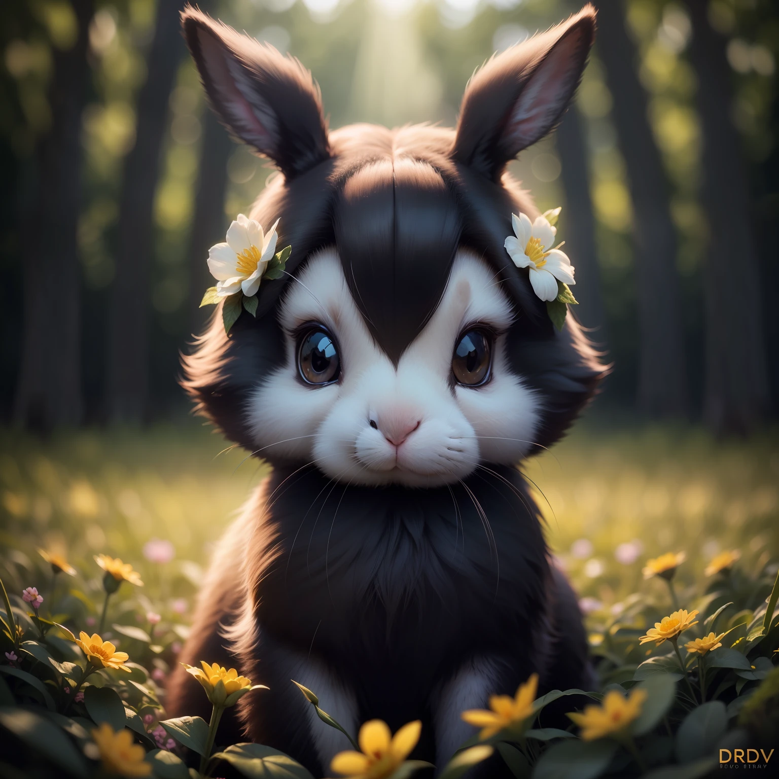 bunny, blur, bunny, flower, nature, no_humans, depth of field, to8contrast style, DARK_Glam, wearing DRK_Glam, deep shadows, (dark: 1.4), (8k, RAW photo, best quality, masterpiece: 1.2)