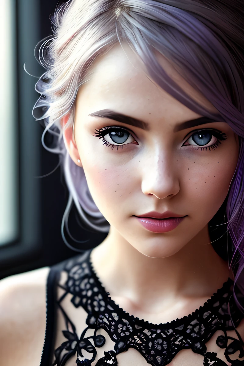 woman, [ashen hair | pink hair | violet hair], (blue-grey eyes:1.1), eyebrow up, chest, translucent dress, lace, looking at camera, natural skin texture, 24mm, 4k textures, soft cinematic light, adobe lightroom, photolab, hdr, intricate, highly detailed, sharp focus, ((((cinematic look)))), soothing tones, insane details, intricate details, hyperdetailed, low contrast, soft cinematic light, exposure blend, hdr