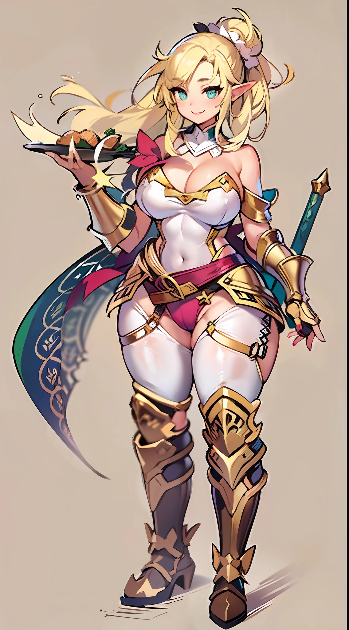 Elven knight, fantasy, plate gauntlets, plate greaves, butt cape, blonde hair, smiling, large sword, action pose, bikini armor, pasties, busty, plate boots, delicate, soft features, beautiful detailed face, shiny skin, elegant, beautiful, messy bun, thick thighs, large ass, huge breasts:1.3, upper body, thick, skindentation