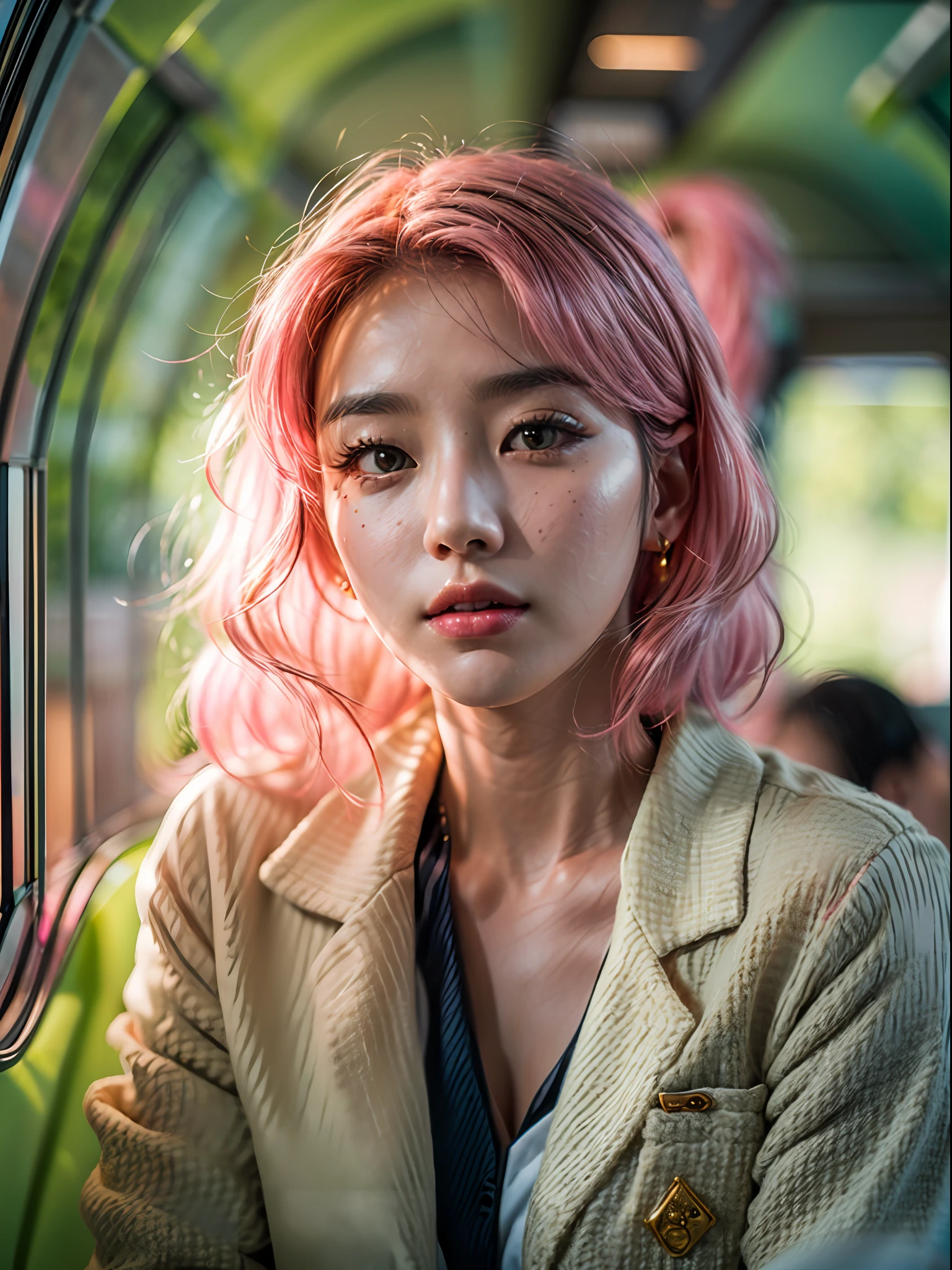 (masterpiece, high resolution:1.3), (portrait of a South Korean woman with pink hair:1.2), (her eyes a striking shade of yellow:1.1), (Nikon Z6 II camera, renowned for capturing exceptional details and colors:1.2), (paired with the Nikon NIKKOR Z 50mm f/1.8 S lens:1.2), (her thick and black eyebrows framing her perfect nose:1.1), (her flawless and expertly makeup-enhanced face:1.1), (a uniformed flight attendant wearing a blue outfit:1.1), (the woman sitting alone near the window inside a train wagon:1.1), (the rays of the setting sun providing a warm and magical illumination:1.1), (the Nikon Z6 II camera capturing the scene with remarkable clarity and sharpness:1.1), (the Nikon NIKKOR Z 50mm f/1.8 S lens producing a beautiful background blur:1.1), (a moment of tranquility and grace:1.1), (the woman's pink hair adding a touch of uniqueness to the portrait:1.1), (her yellow eyes drawing attention and curiosity:1.1), (the soft and warm sunlight creating a captivating ambiance:1.1), (a portrayal of serenity and elegance:1.1), (the setting sun's rays casting a gentle glow on her face:1.1), (the flight attendant uniform symbolizing professionalism and travel:1.1), (the composition capturing the beauty of solitude and reflection:1.1), (a timeless image that embraces cultural diversity and beauty:1.1), (a photo that celebrates the charm and allure of South Korean culture:1.1), (a perfect balance of colors and lighting creating a captivating atmosphere:1.1), (the Nikon Z6 II and NIKKOR Z 50mm f/1.8 S lens combination capturing the essence of the moment:1.1), (the woman's composed demeanor adding to the portrait's allure:1.1).