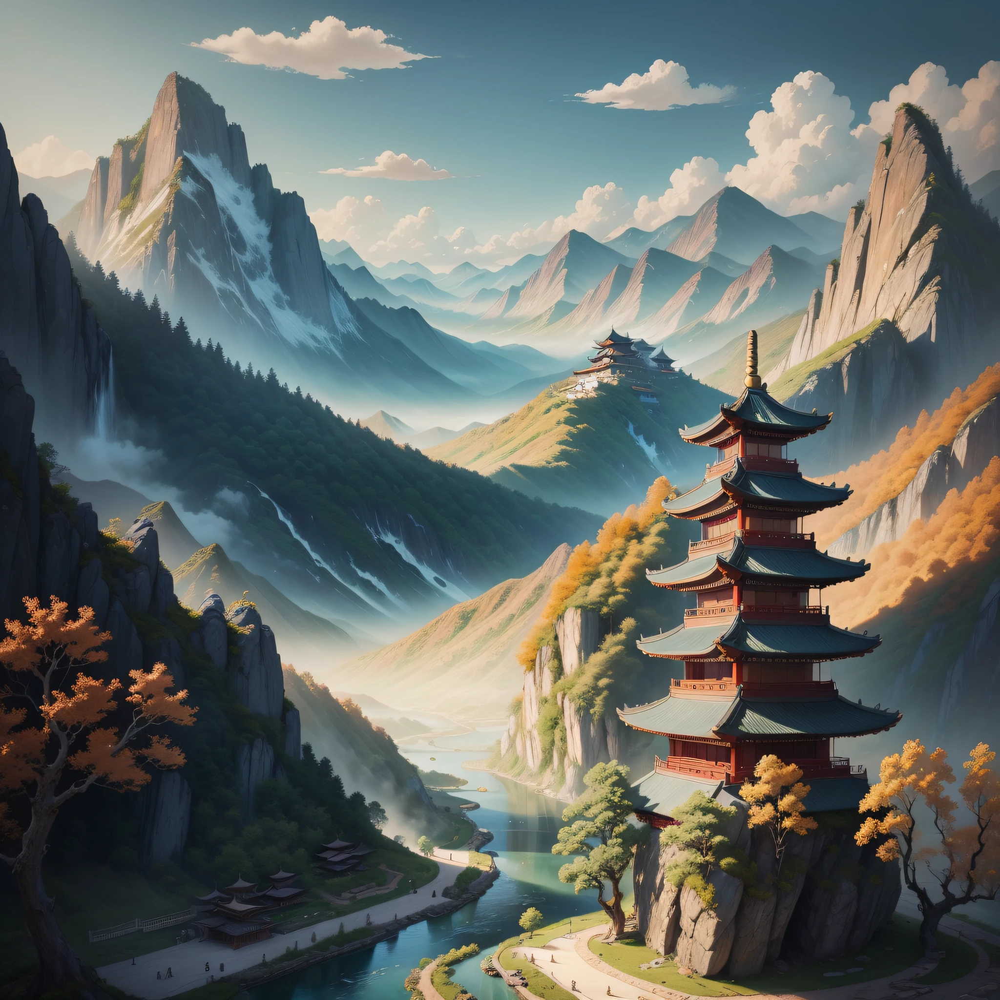An ancient Chinese painting, ancient Chinese background, mountains, rivers, auspicious clouds, pavilions, sunshine, masterpieces, super detail, epic composition, ultra HD, high quality, extremely detailed, official art, unified 8k wallpaper, Super detail, 32k -- v 6