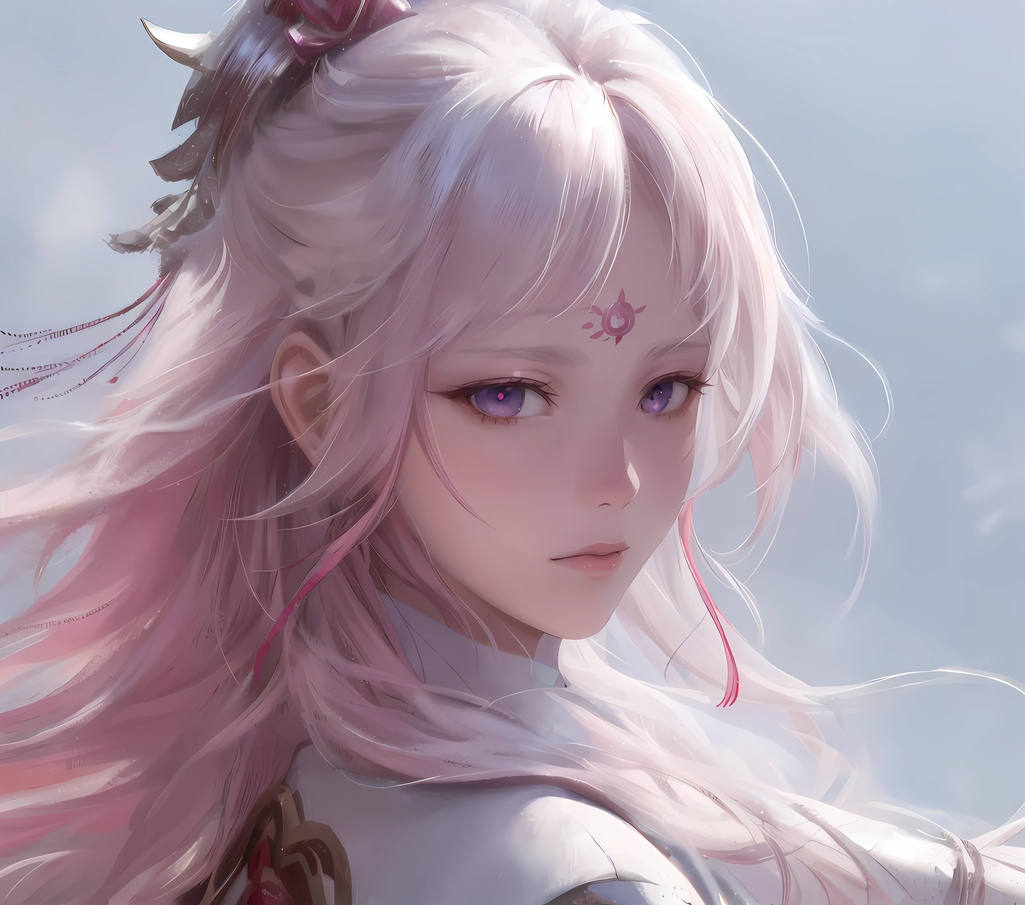 Anime girl with pink hair and white clothes corner, White-haired god, Guviz, Guviz-style artwork, 2. 5 D CGI anime fantasy artwork, Beautiful character painting, Beautiful young wind spirit, 8K high quality detailed art, style of anime4 K, Smooth anime CG art, author:FAN Qi, Portrait Chevaliers du Zodiaque Fille