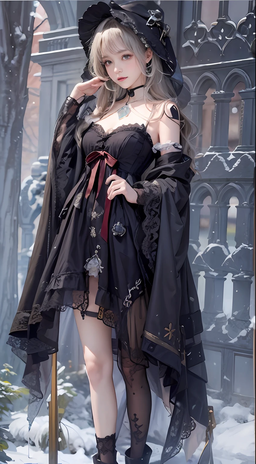 （8K，RAW photos， best qualtiy， tmasterpiece：1.2），（realisticlying， photograph realistic：1.4)，Hide your face with sadness，
Lolita costume，Lace， Aerith Gainsborough， The upper part of the body，upper legs，Lace， undergarments，exposed bare shoulders， do lado de fora， (outside，Covered with snow，cloaks，) high high quality， Adobe Lightroom， highdetailskin， looking at viewert，