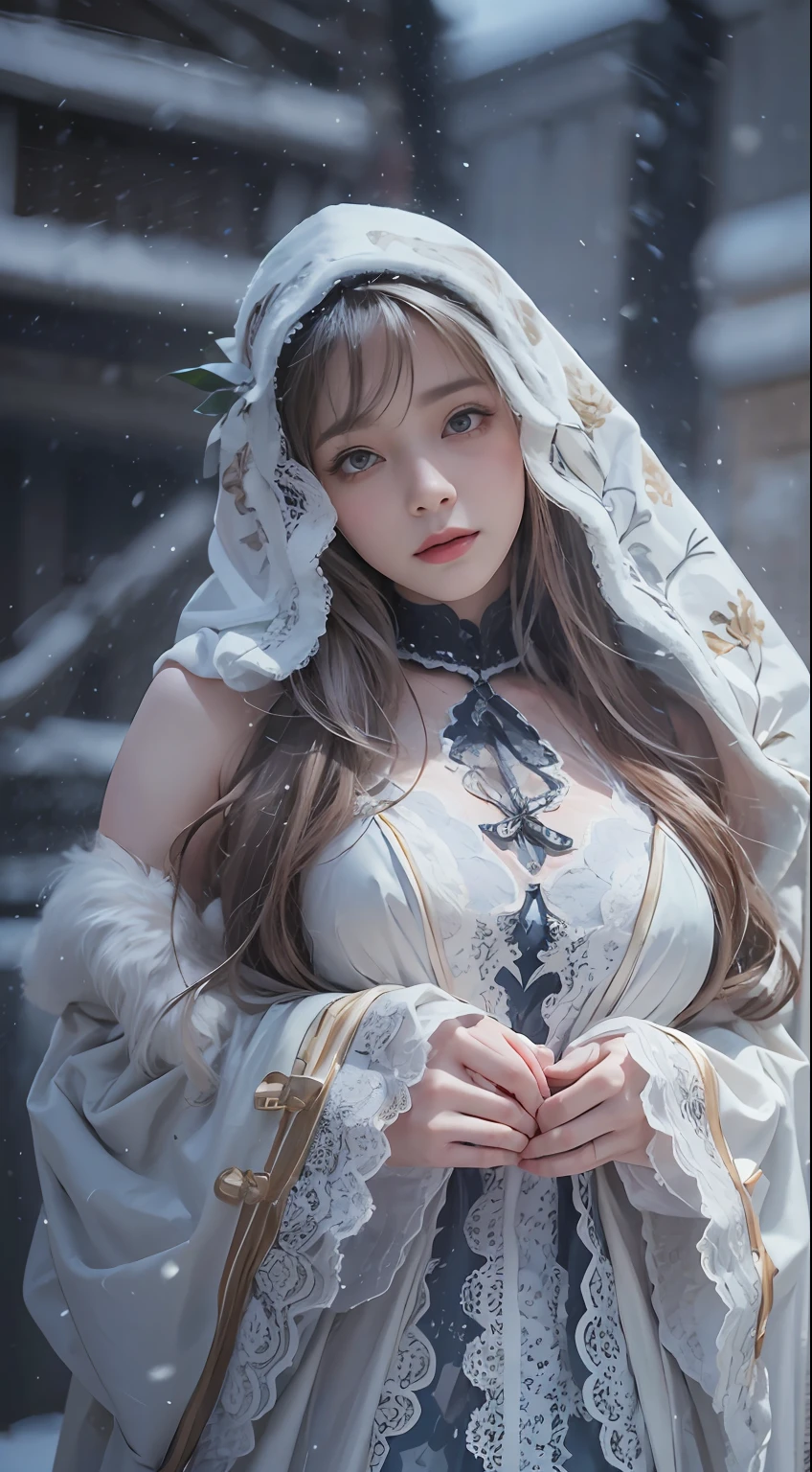 (8K,RAW photos, best qualtiy, tmasterpiece:1.2),(realisticlying, photograph realistic:1.4),Hide your face with sadness,
Lolita costume,Lace, Aerith Gainsborough, The upper part of the body,upper legs,Lace, undergarments,exposed bare shoulders, do lado de fora, (outside,Covered with snow,cloaks,) high high quality, Adobe Lightroom, highdetailskin, looking at viewert,
