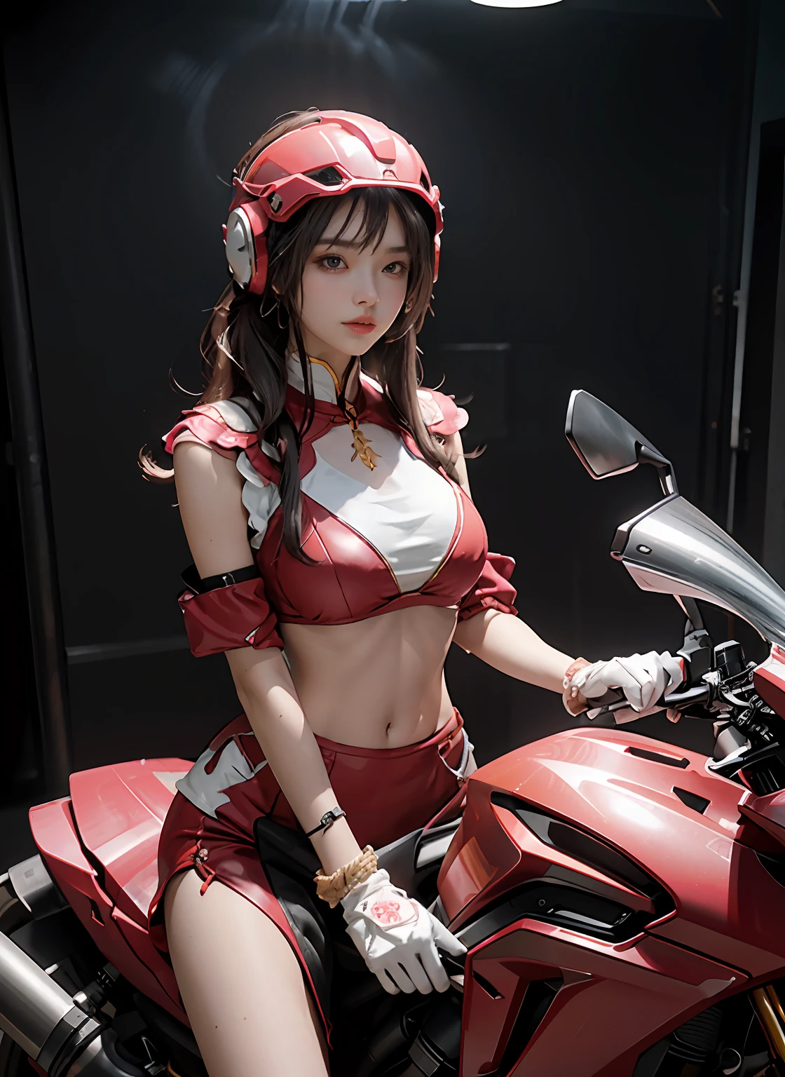 Highest image quality,Outstanding details,超高分辨率,(fidelity:1.4),The best illustration,Favor the details,Highly cohesive 1girl,He has a delicate and beautiful face,(Dressed in bright pink mechs、large breasts exposed、Cover important areas with only one piece of hemp rope),wearing a mech helmet,Hold the direction controller,Riding on a motorcycle,The background is a high-tech lighting scene in the future city。