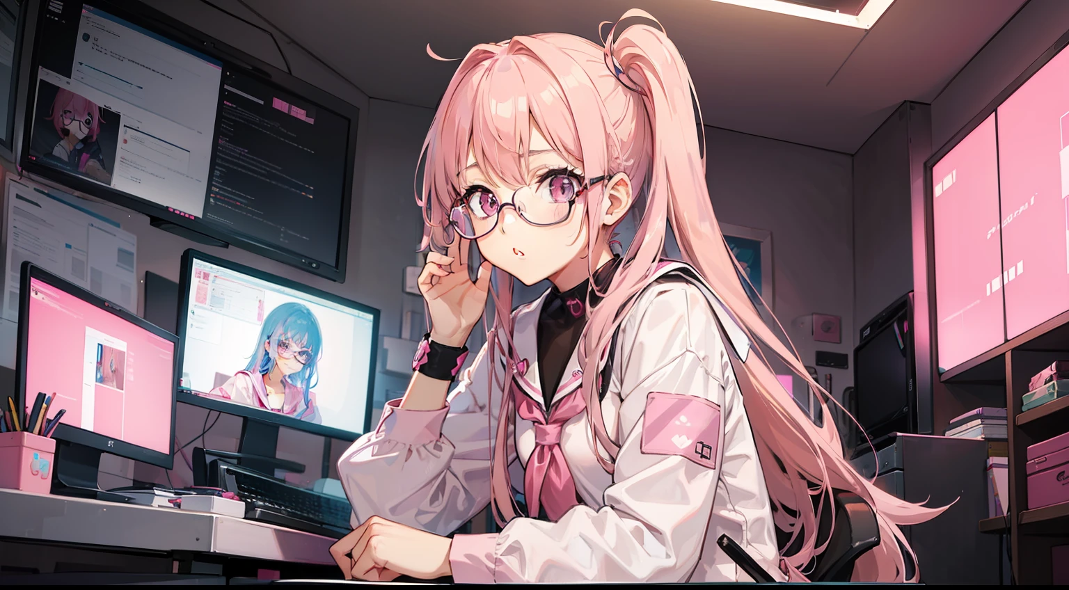 1girl in, Pink hair, Pink eyes, Glasses, Sailor Suit, Sitting, wariza, Pink Cyberpunk, Room with many monitors, Pink fluorescent lamp