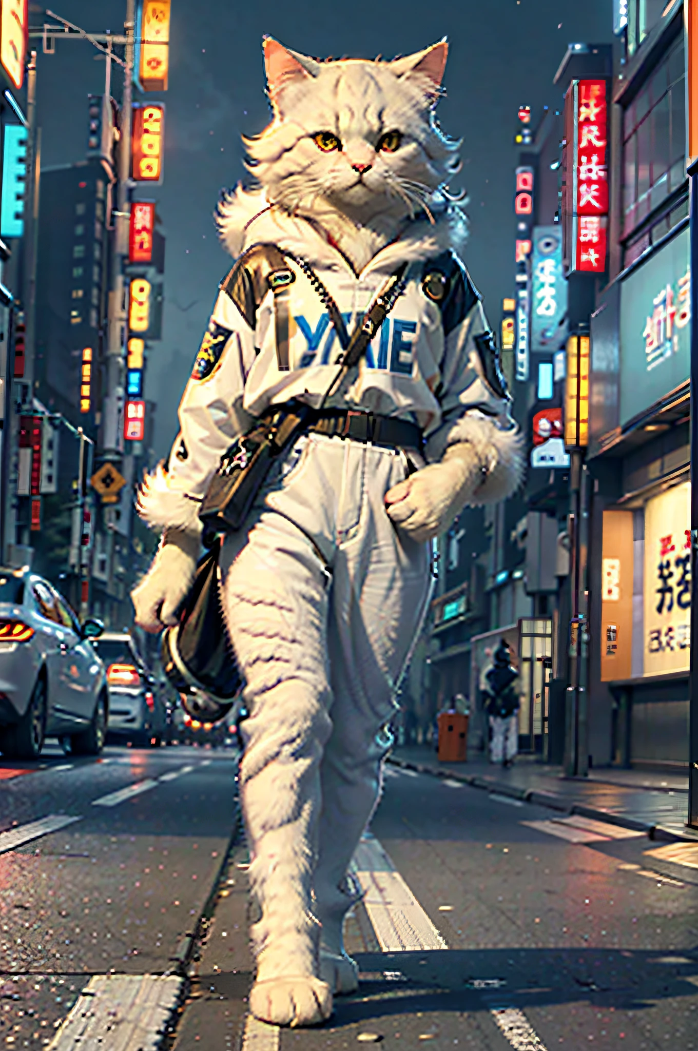 White female c4ttitude, Attentive eyes ,fur, challenger, agile, engaging, Fashion clothing,nylon, Fast paws,walking at street, (Tokyo Night Street Background 2021),Masterpiece, Best quality, Ultra-detailed,8K wallpaper,Hyper-Resolution， Unreal 5