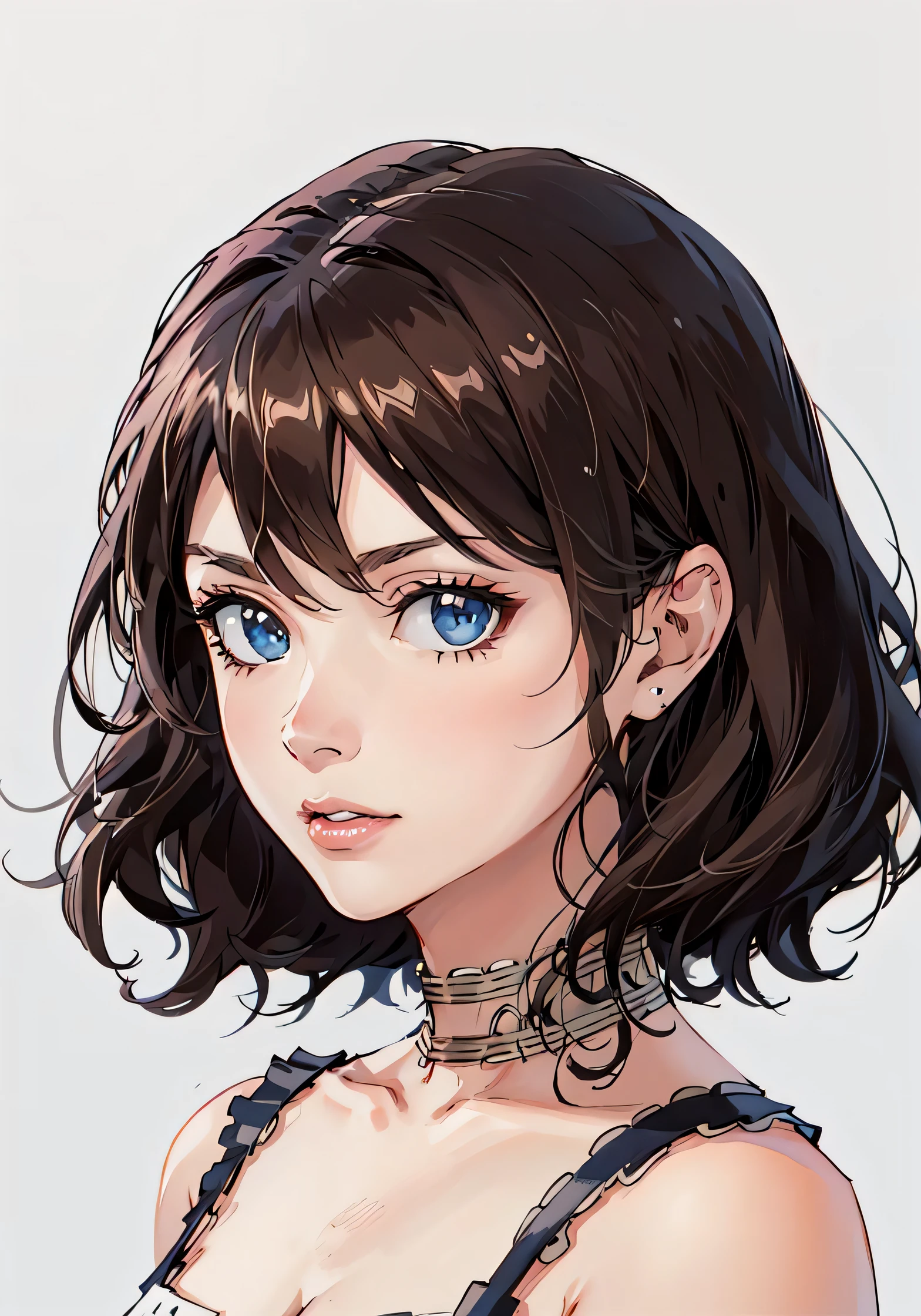 masterpiece, best quality, 8k,highres,hiqcgbody, anime, 1girl, blue chocker, white dress, diadem, brown hair, blue eyes,middle parted bangs, portrait shot, looking at viewer, detailed rugged texture, lipstick, ultra detailed, summer, intricate details,