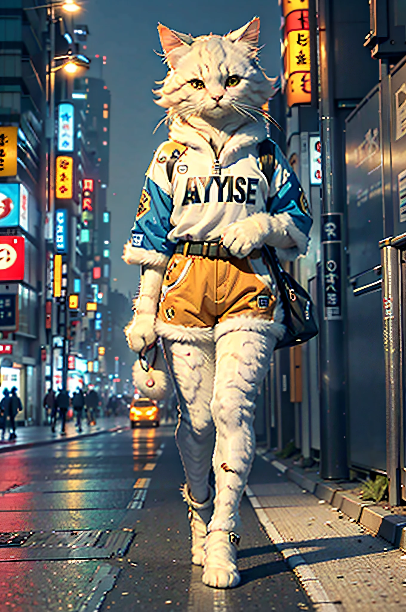 White female c4ttitude, Attentive eyes ,fur, challenger, agile, engaging, Fashion clothing,nylon, Fast paws,walking at street, (Tokyo Night Street Background 2021),Masterpiece, Best quality, Ultra-detailed,8K wallpaper,Hyper-Resolution， Unreal 5