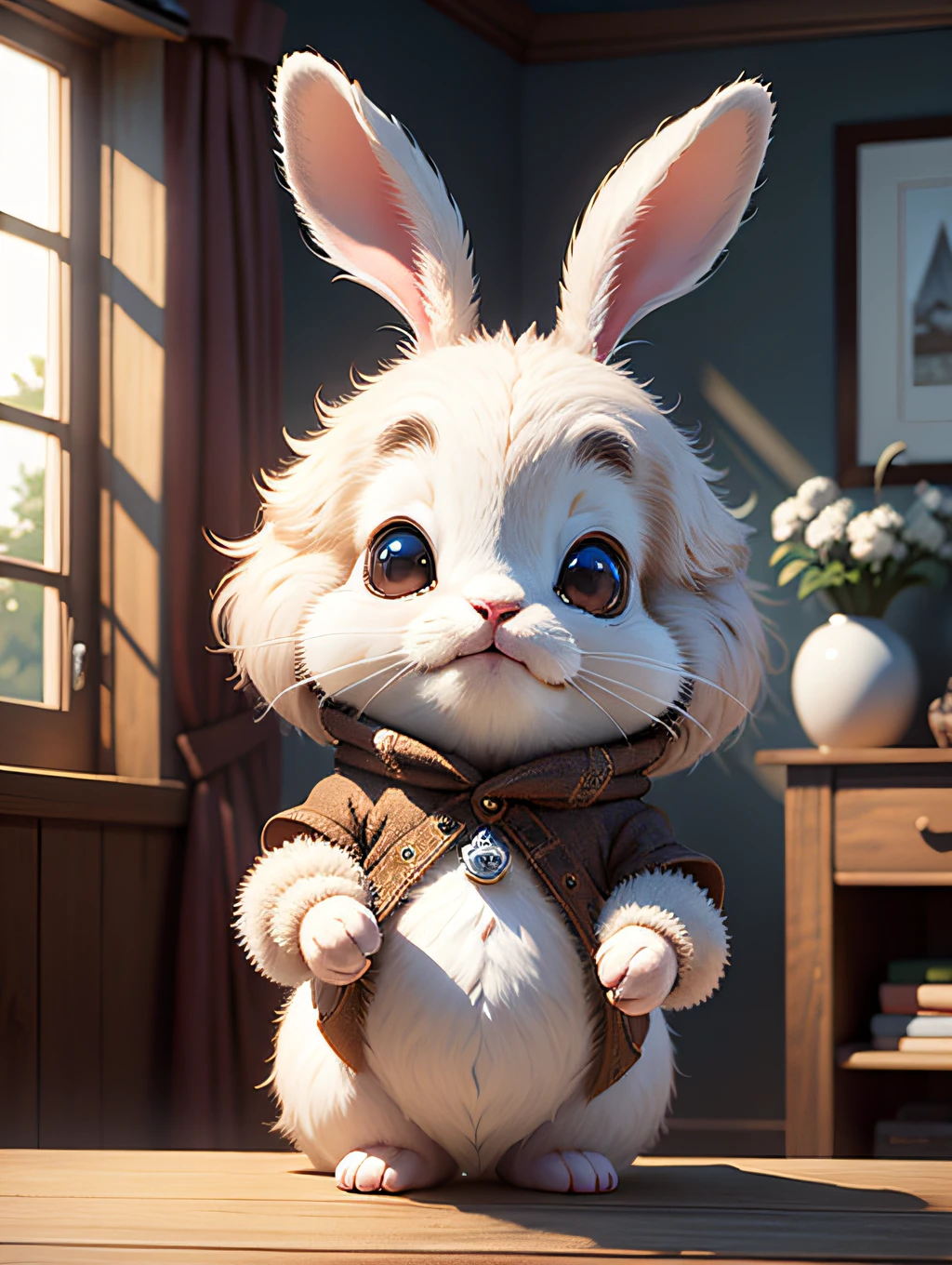 Cute adorable little bunny waving and smiling greeting me, unreal engine, cozy interior lighting, art station, detailed digital painting, cinematic, character design by mark ryden and pixar and hayao miyazaki, unreal 5, daz, hyper realistic, octane render, 3DMDT1
