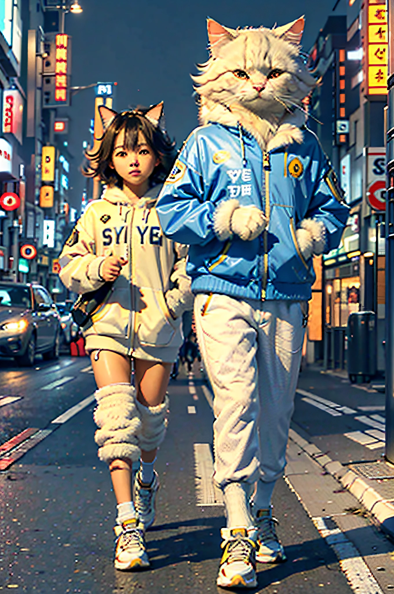 white c4ttitude, Attentive eyes ,fur, challenger, agile, engaging, Stylish sportswear,nylon, Fast paws,walking at street, (Tokyo Night Street Background 2021)