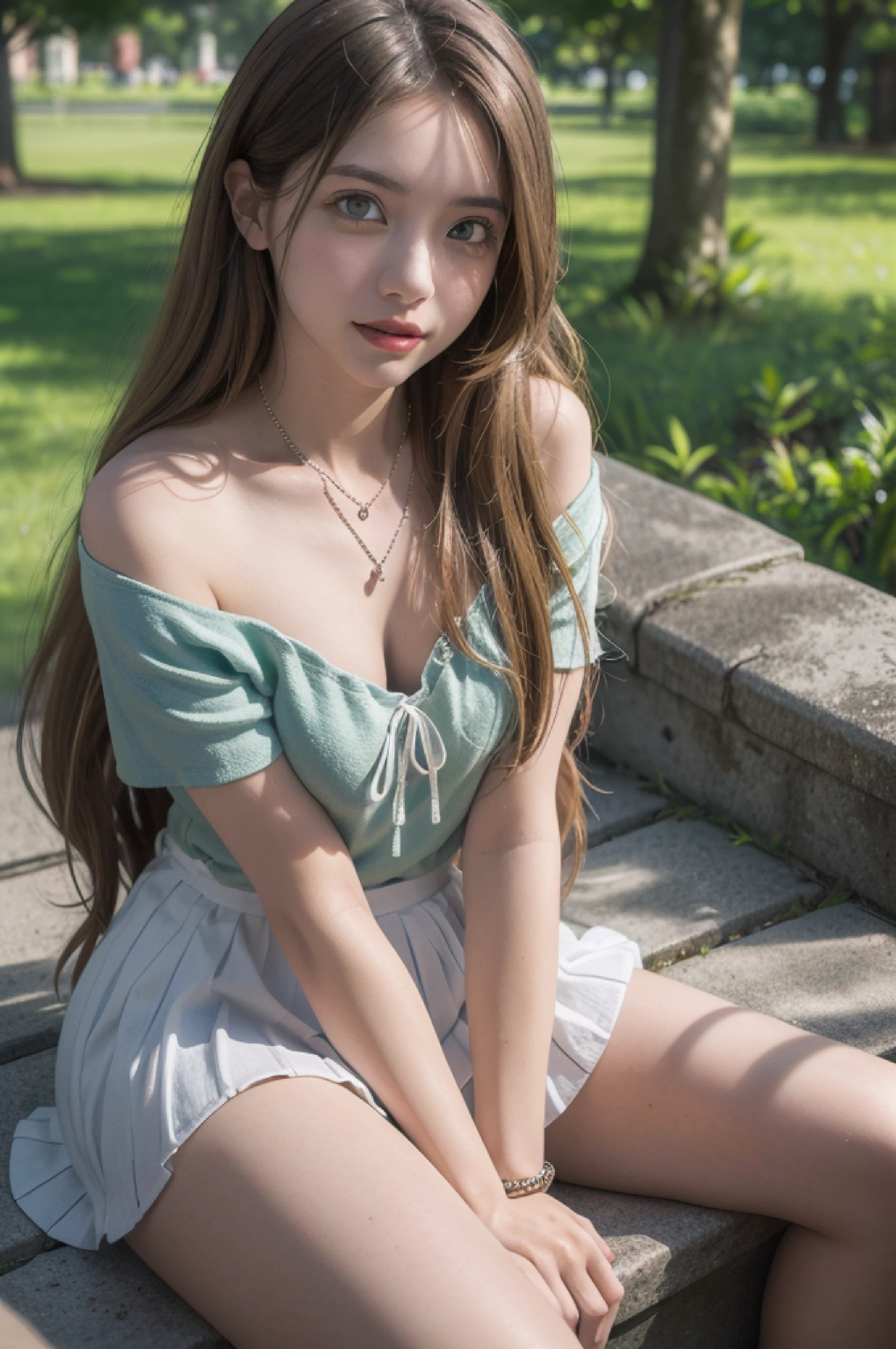 4k, raw camera, highres, detailed, masterpiece, portrait, aesthetic, beautiful, best quality, highly detaile, best quality clothing, aesthetic clothings, professional angle, rule of thirds, Feminine, delicate, beautiful, 19 years, attractive, solo, 1 girl, (Akane Kinoshita), (In the Park), (Upper Body), ((Front)), ( People in the Background), ((Very Happy)), (Long Hair, Blonde Hair, Very Straight Hair, Shiny Hair Hair, - in hair), (Open Eyes, Light Green Eyes, Black Eyeliner Eyes, Cheerful Gaze), Soft Skin, (Flushed), ((Sitting)), -, Beautiful Bracelet, (Half Open Mouth), (Natural Lips), (Small Breast), ((Arms Down)), ((casual shirt), Skirt , - , (High Quality Clothing), (- Neckline), beautiful body, beautiful eyes, shiny eyes, shiny hair, beautiful mouth, beautiful lips, beautiful face
