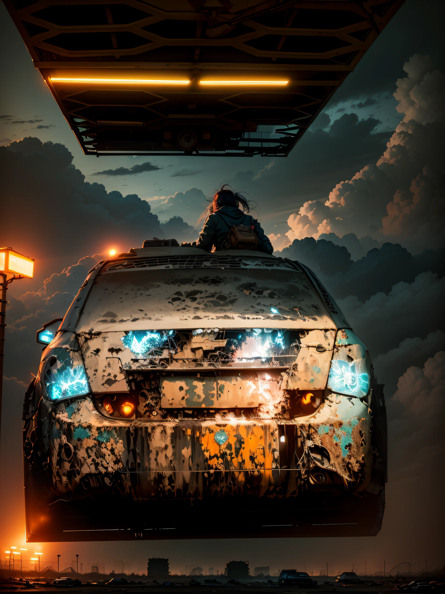 ((Broad perspectives)),(((Wasteland))),(Dilapidated streets),Beautuful Women,(Dim light),(Broken bridge),rebar,(((Sky light rail car))),Scattered wires,electric sparks,Tattered future vehicles,Garbage heap,((Stagnant water in the big beach)),Stones,((Dense weeds)),(Dense dust smoke),((Ruined neon signs)),Thick clouds,((nighttime scene)),high qulity,(super-fine),(The light is detailed),Detailed pubic hair,Accurate,16K resolution,Works of masters,(电影灯光),(cyber punk style),dynamic viewing angle
