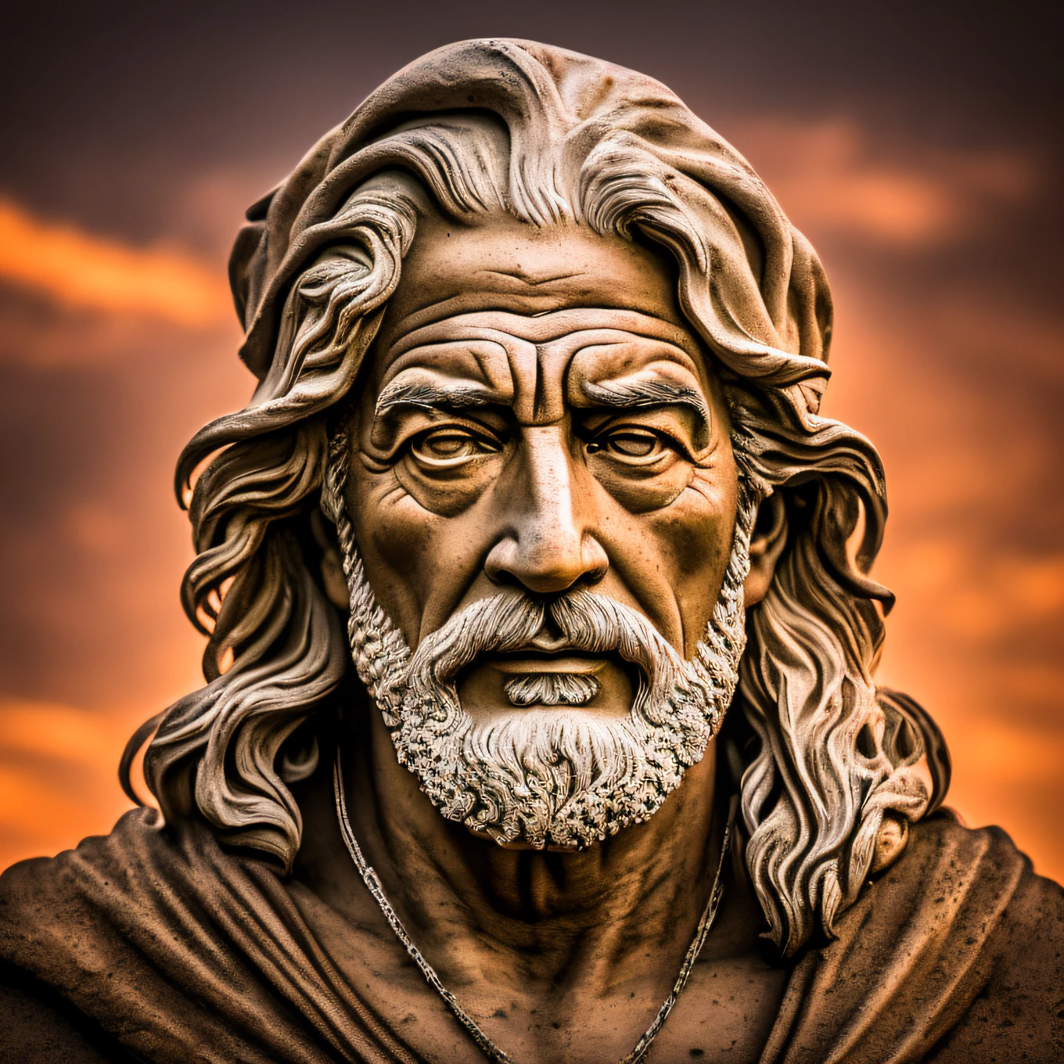 (Alta qualidade: 1.3), Cinematographic shot, obra-prima, (foco nítido: 1.5), (fotorrealista: 1.3), Medium portrait of (an old Greek sage, filosofo grego, deus grego, pensativo, mas ainda orgulhoso e feroz, cena atmosfera sombria, but sculpting the shapes in crisp chiaroscuro), it is night time, (pele altamente detalhada), (rosto detalhado), fundo detalhado, dark ilumination, twilight lighting, volumeric lighting, detalhes complexos, UHD,