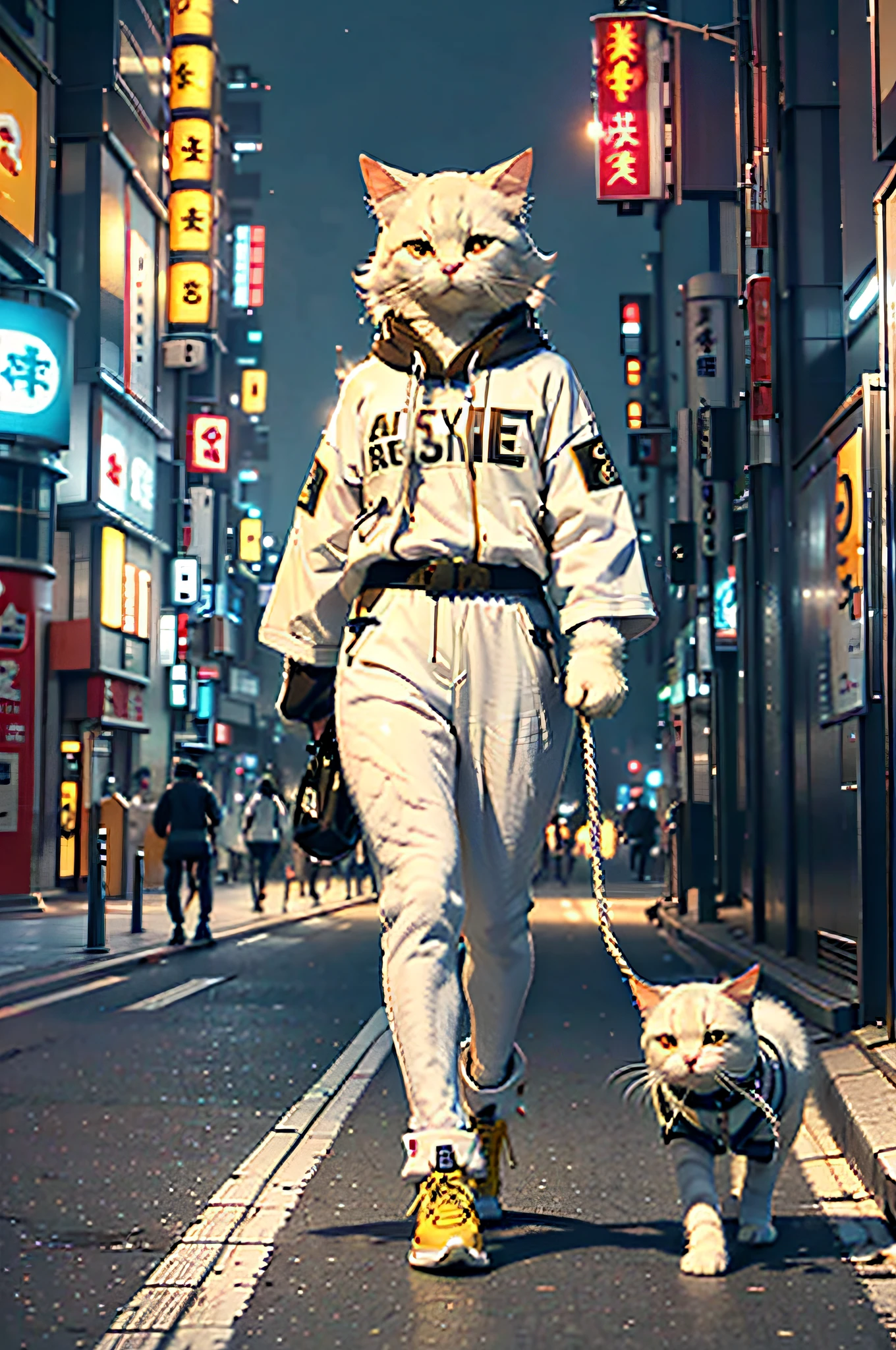 white c4ttitude, Attentive eyes ,fur, challenger, agile, engaging, Stylish sportswear,nylon, Fast paws,walking at street, (Tokyo Night Street Background 2021)
