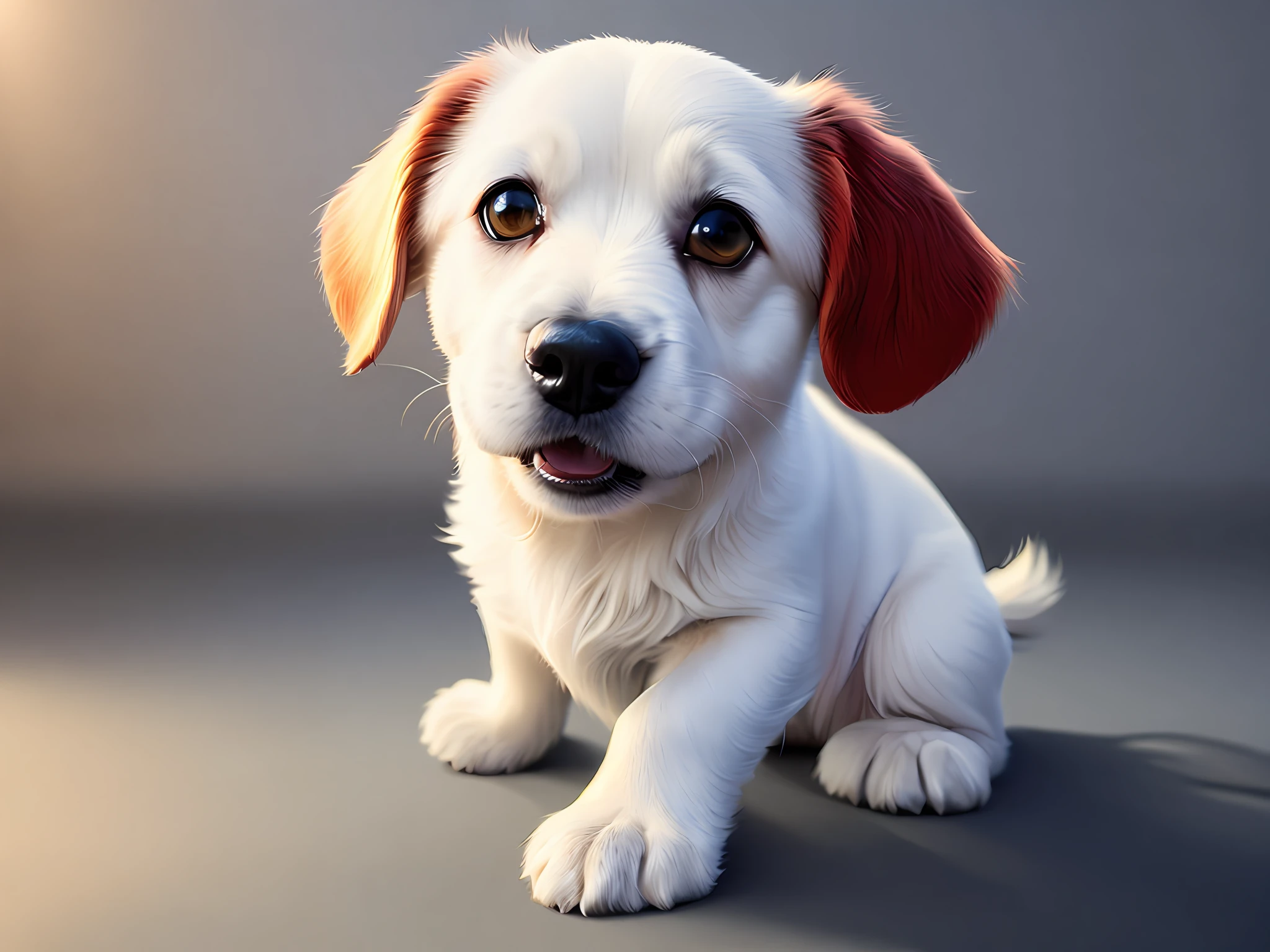 cachorrinho fofo em 3D, branco com manchas marrons em todo corpo, tamanho medio, coleira de couro vermelha, Sony A7 70 mm camera lens with color gradient, estilo Pixar disney, soft volumetric lights (retroiluminação: 1.3), (kinematics: 1.2), detalhes intrincados (ArtStation: 1.3), Rutkowski