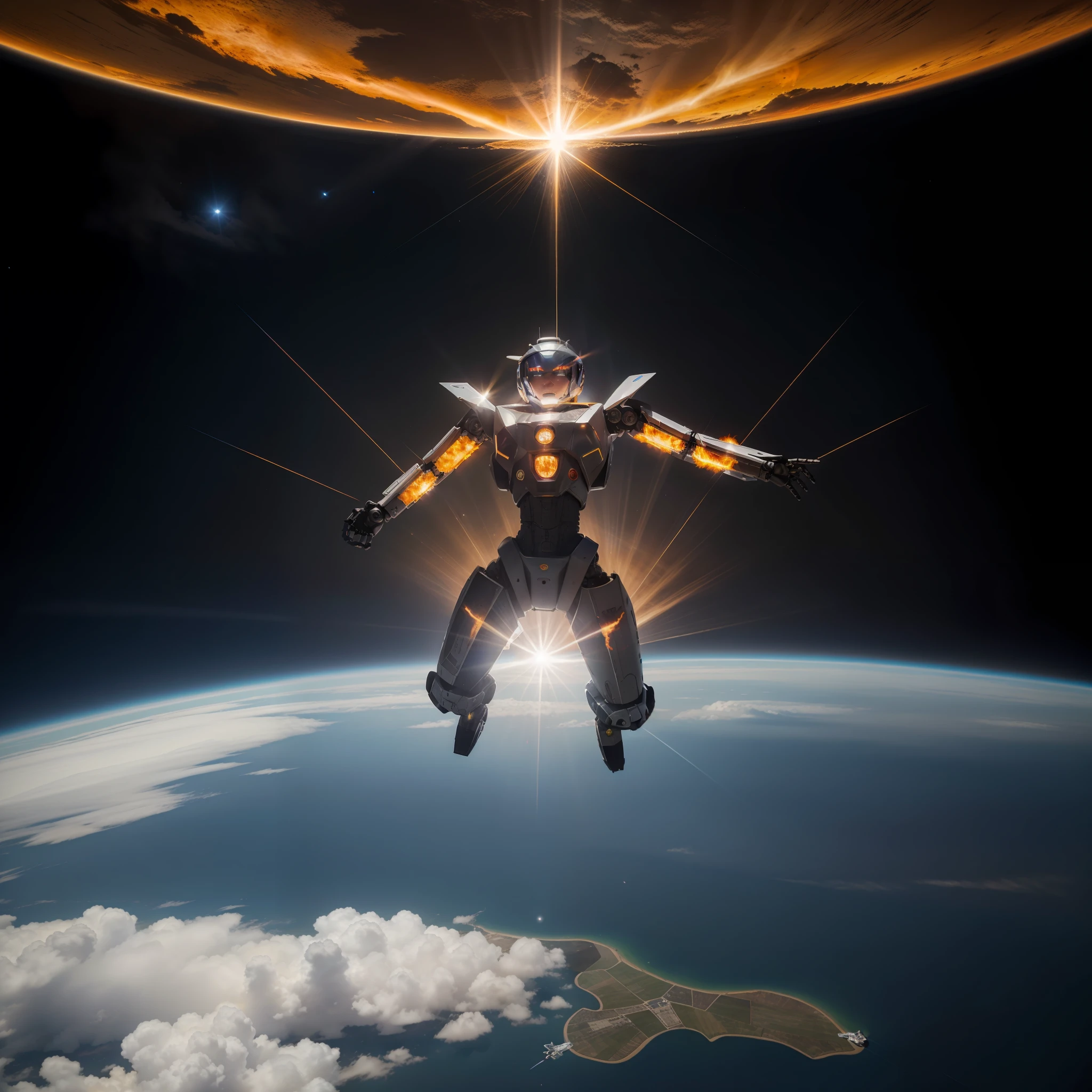 foto realista, robot mecha, altamente detallado, escala 1:1, volando en medio del espacio, luz solar, plano aentero, fotorealista, cuerpo metal detallado, volando tras un cometa, que deja una estala de fuego, muy detallada, fuego foto realista