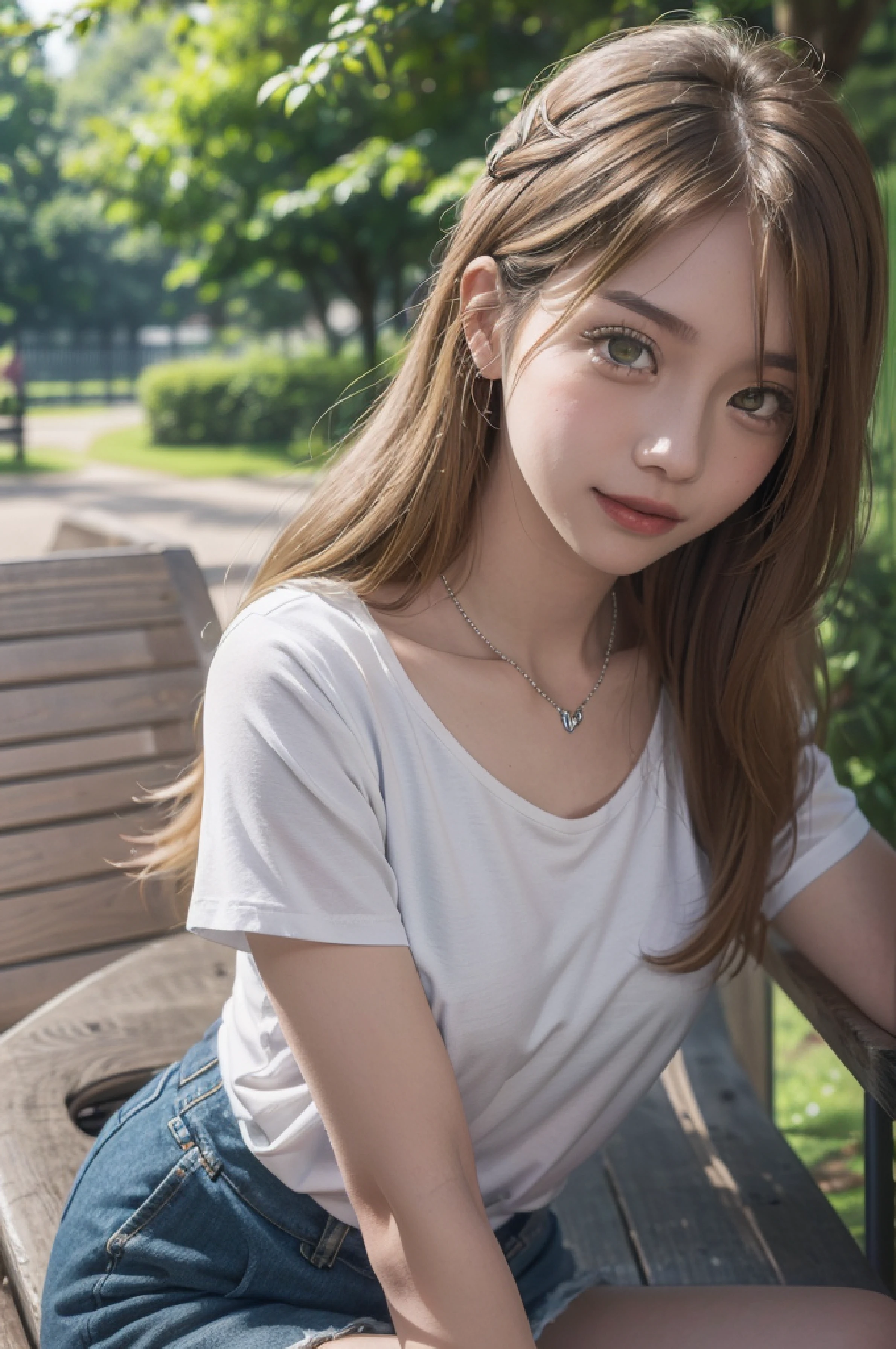 4k, raw camera, highres, detailed, masterpiece, portrait, aesthetic, beautiful, best quality, highly detaile, best quality clothing, aesthetic clothings, professional angle, rule of thirds, Feminine, delicate, beautiful, 19 years, attractive, solo, 1 girl, (Akane Kinoshita), (In the Park), (Upper Body), ((Front)), ( People in the Background), ((Very Happy)), (Long Hair, Blonde Hair, Very Straight Hair, Shiny Hair Hair, - in hair), (Open Eyes, Light Green Eyes, Black Eyeliner Eyes, Cheerful Gaze), Soft Skin, (Flushed), ((Sitting)), -, Beautiful Bracelet, (Half Open Mouth), (Natural Lips), (Small Breast), ((Arms Down)), ((casual shirt), Skirt , - , (High Quality Clothing), (- Neckline), beautiful body, beautiful eyes, shiny eyes, shiny hair, beautiful mouth, beautiful lips, beautiful face