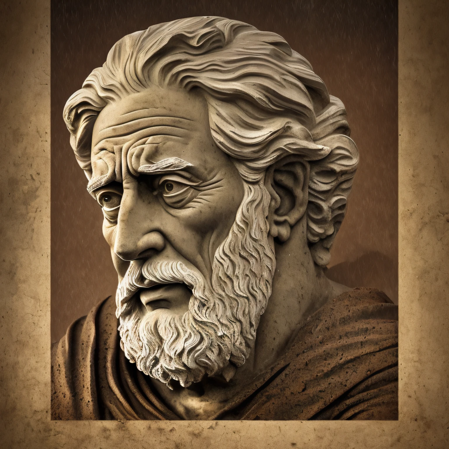 (Alta qualidade: 1.3), Cinematographic shot, obra-prima, (foco nítido: 1.5), (fotorrealista: 1.3), Medium portrait of (an old Greek sage, filosofo grego, deus grego, pensativo, mas ainda orgulhoso e feroz, cena atmosfera sombria, but sculpting the shapes in crisp chiaroscuro), it is night time, (pele altamente detalhada), (rosto detalhado), fundo detalhado, dark ilumination, twilight lighting, volumeric lighting, detalhes complexos, UHD,